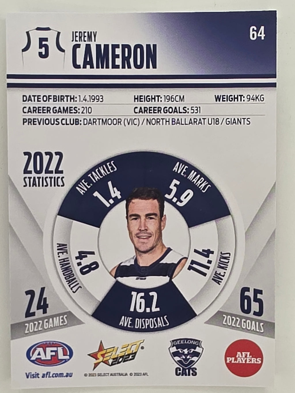 AFL 2023 Footy Stars Parallel Colour Spots #064 Jeremy Cameron Geelong Cats