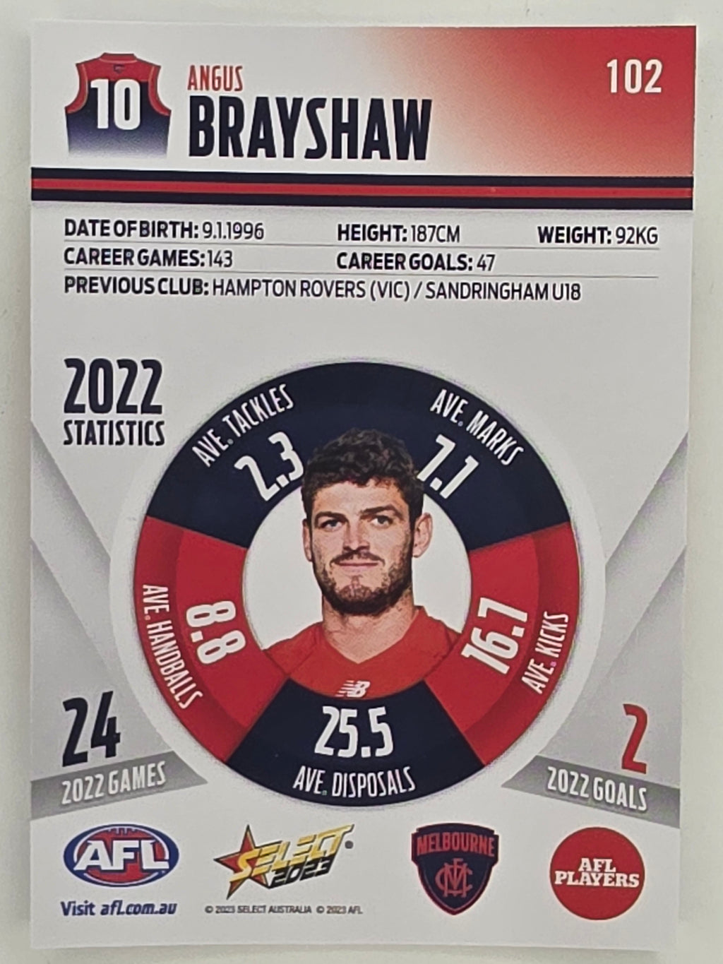 AFL 2023 Footy Stars Parallel Colour Spots #102 Angus Brayshaw Melbourne Demons