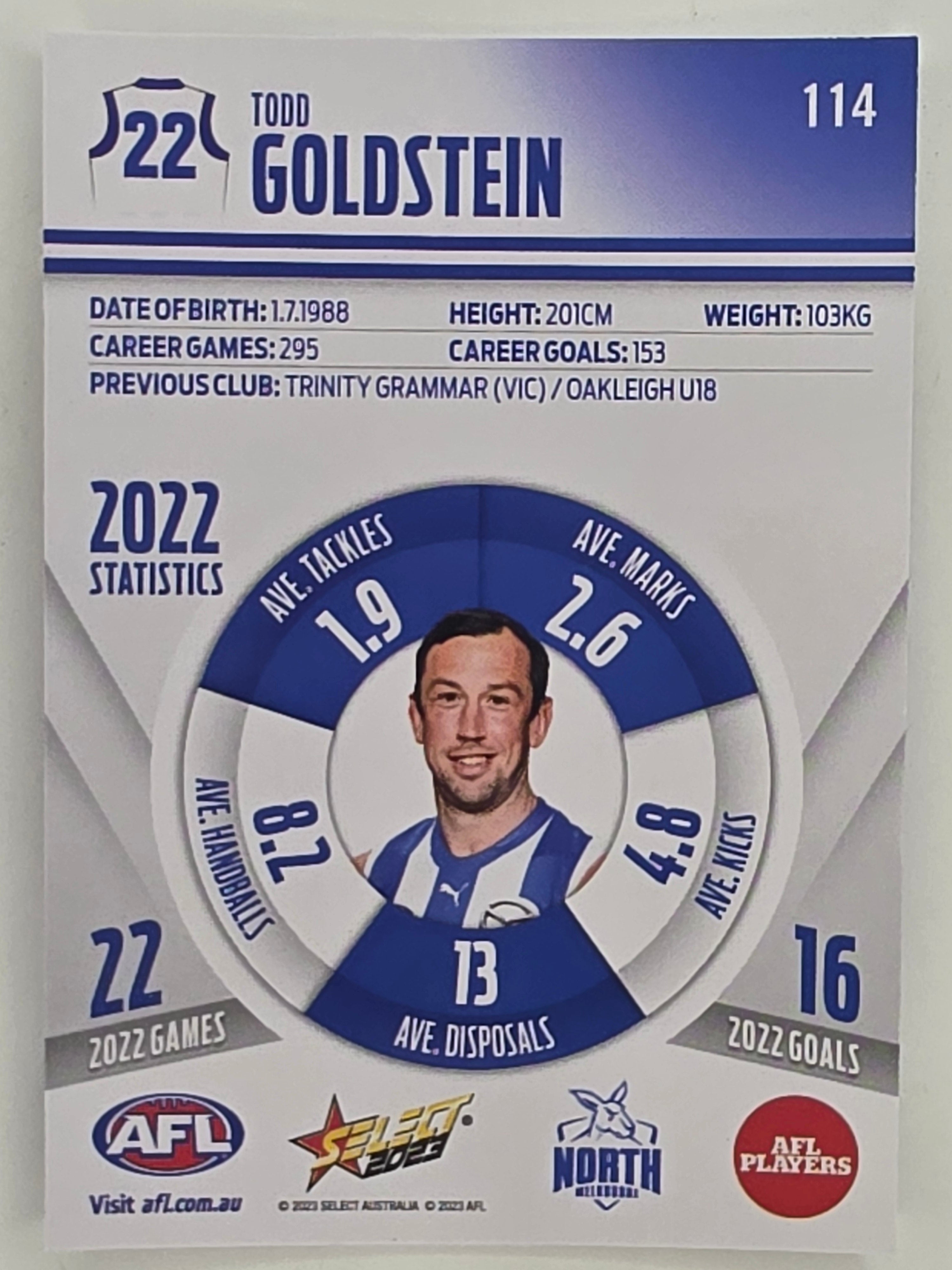 AFL 2023 Footy Stars Parallel Colour Spots #114 Todd Goldstein North Melbourne Kangaroos