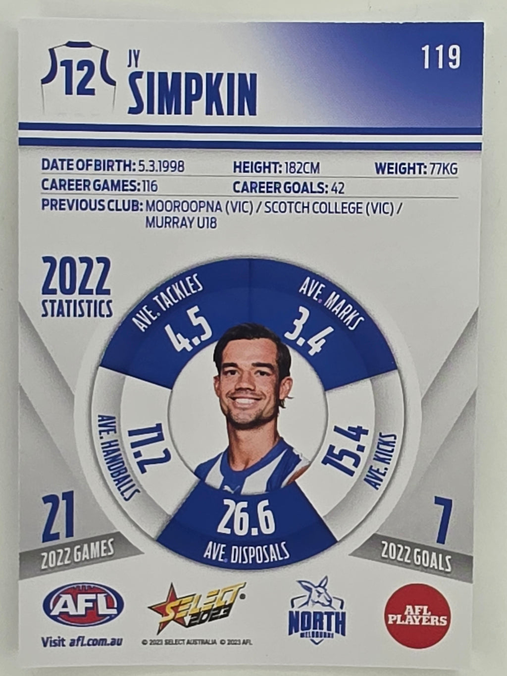 AFL 2023 Footy Stars Parallel Colour Spots #119 Jy Simpkin North Melbourne Kangaroos