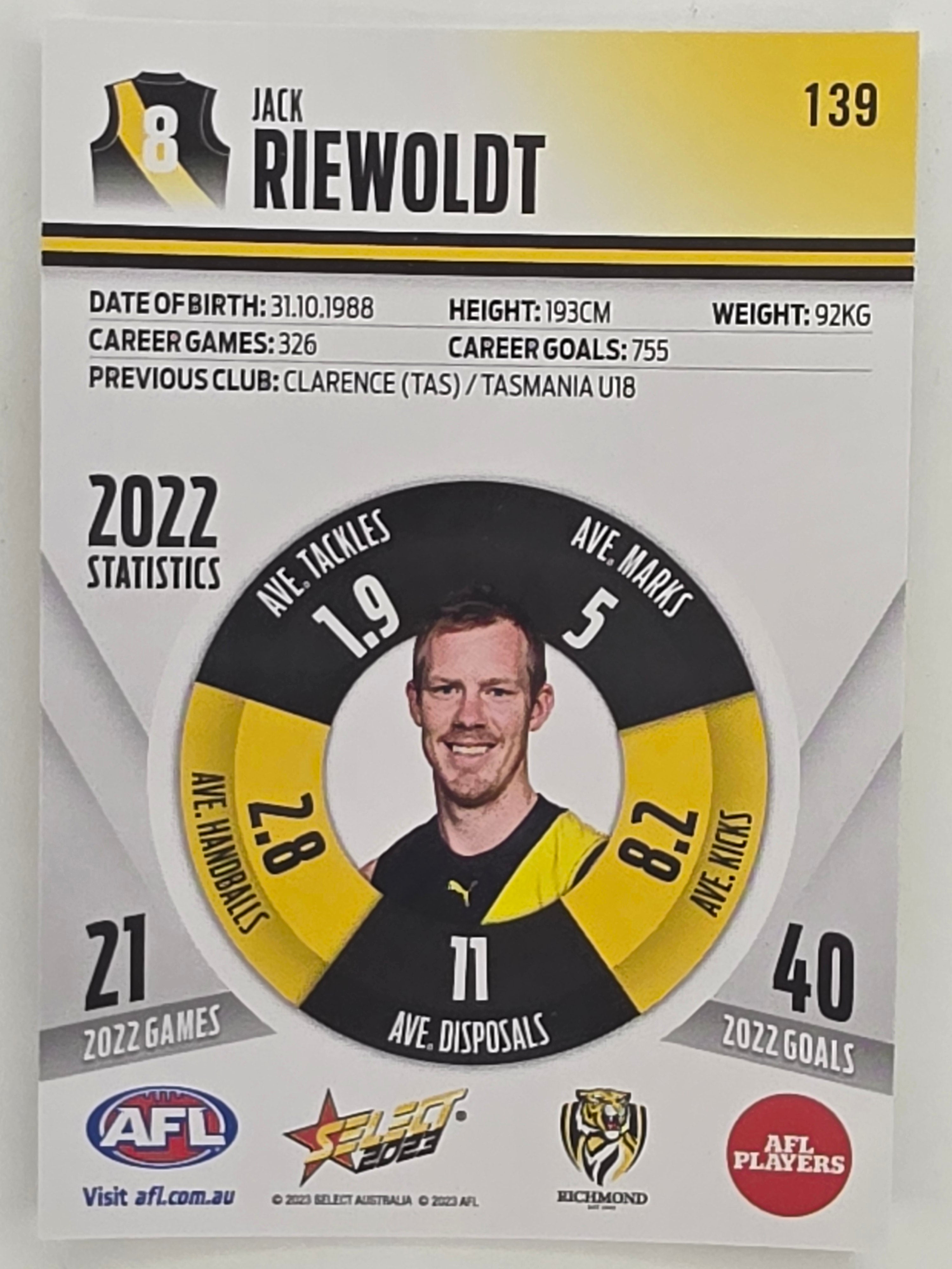 AFL 2023 Footy Stars Parallel Colour Spots #139 Jack Riewoldt Richmond Tigers