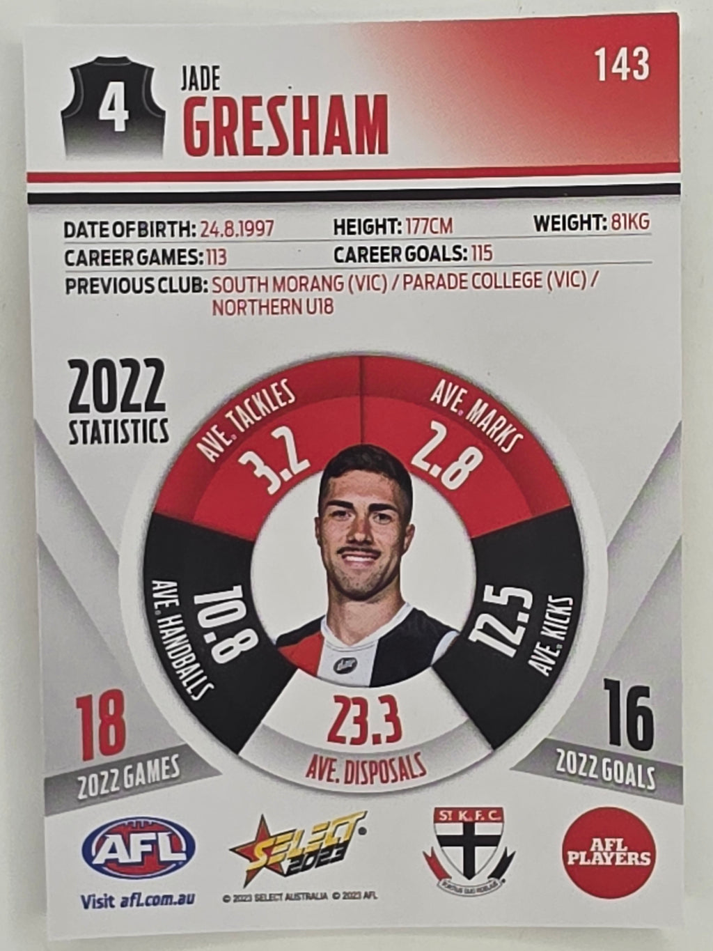 AFL 2023 Footy Stars Parallel Colour Spots #143 Jade Gresham St Kilda Saints