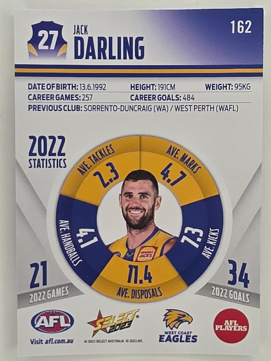 AFL 2023 Footy Stars Parallel Colour Spots #162 Jack Darling West Coast Eagles