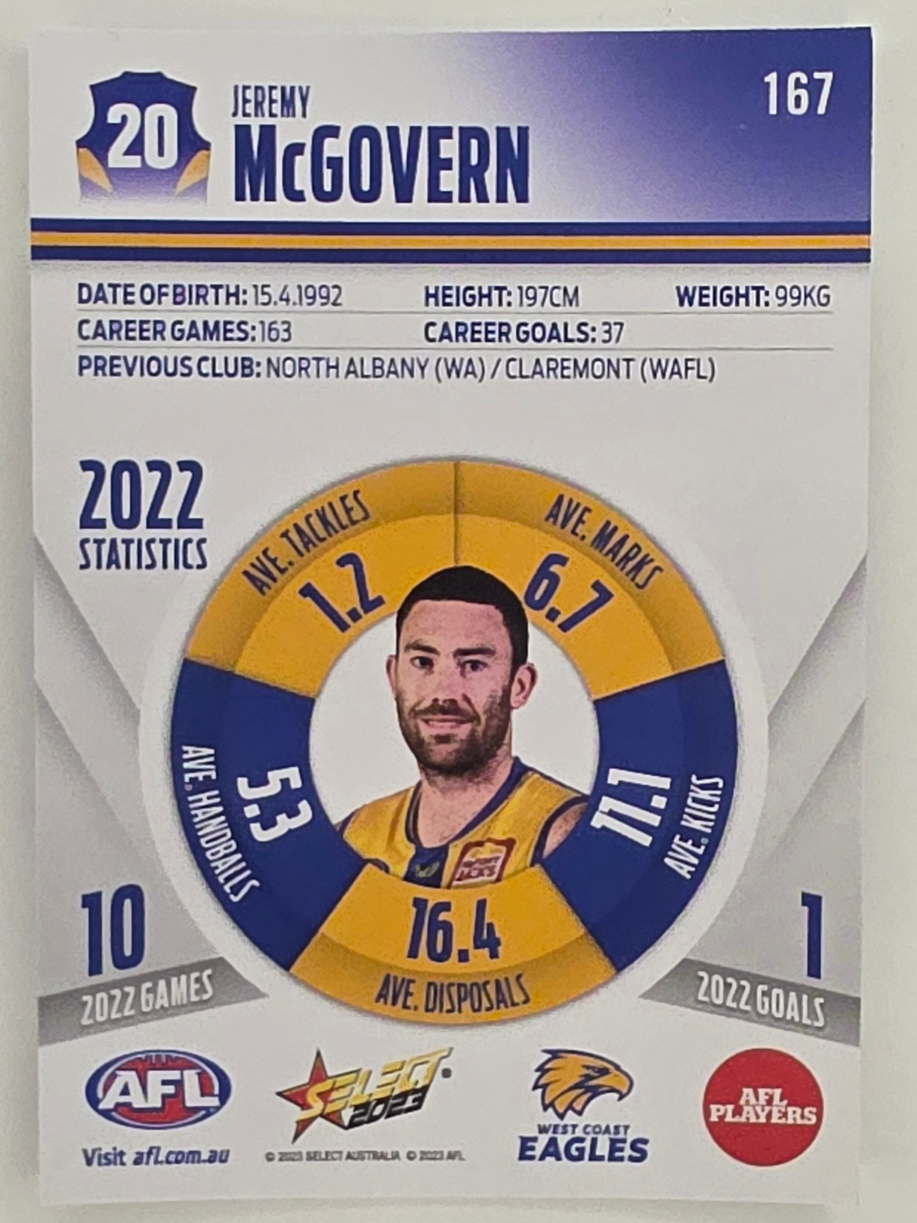 AFL 2023 Footy Stars Parallel Colour Spots #167 Jeremy McGovern West Coast Eagles