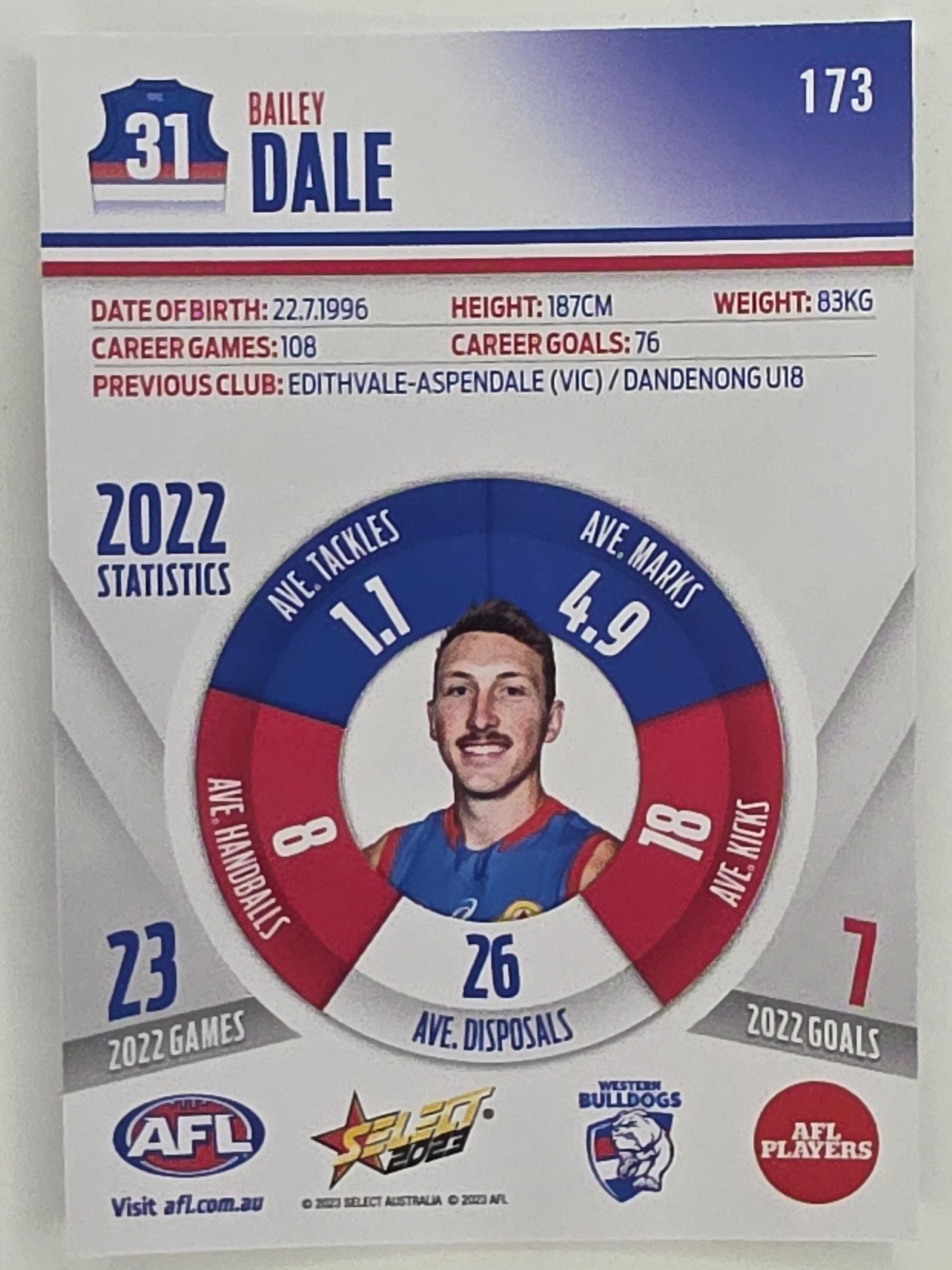 AFL 2023 Footy Stars Parallel Colour Spots #173 Bailey Dale Western Bulldogs