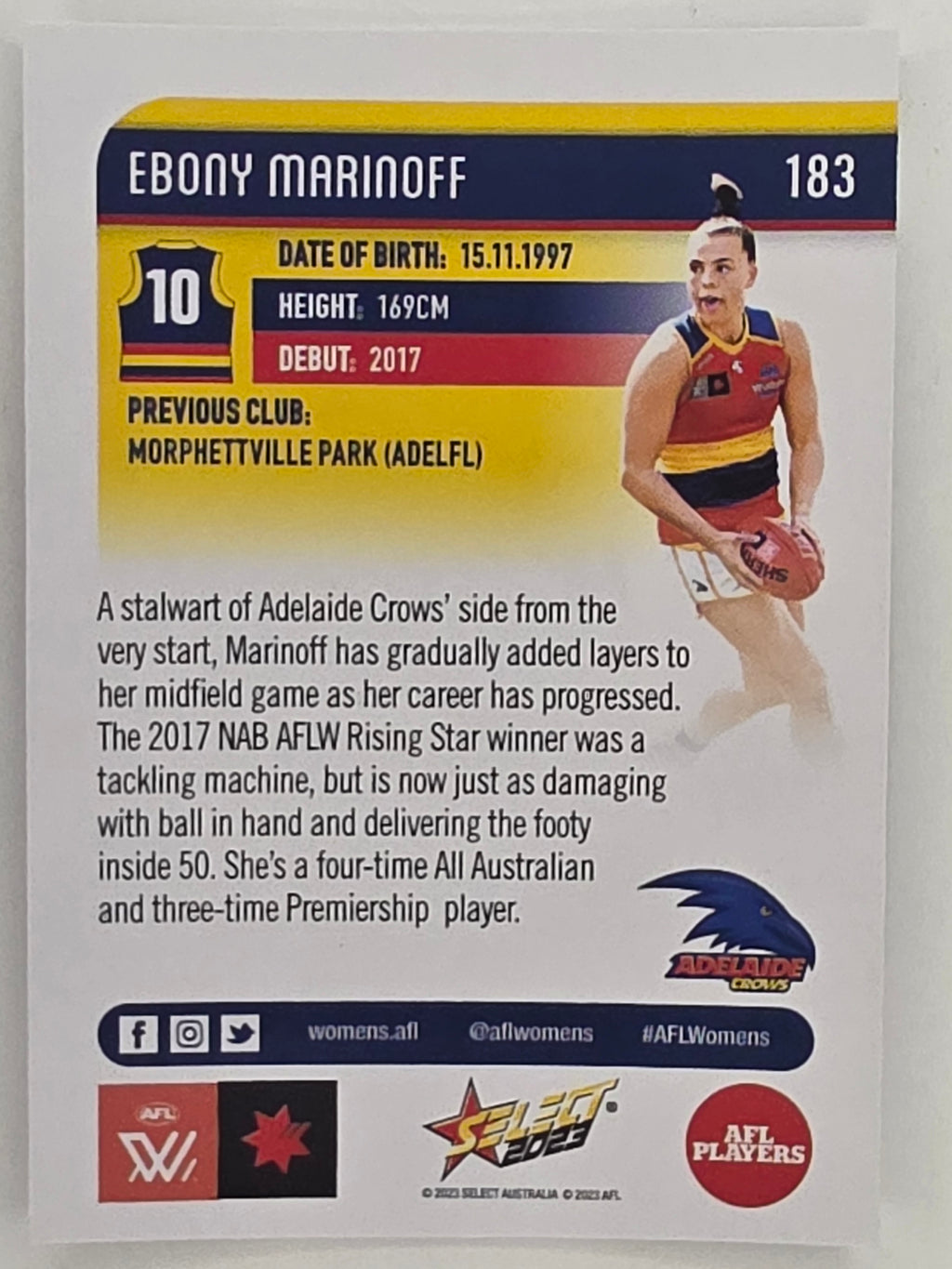 AFL 2023 Footy Stars Parallel Colour Spots #183 Ebony Marinoff Adelaide Crows AFLW