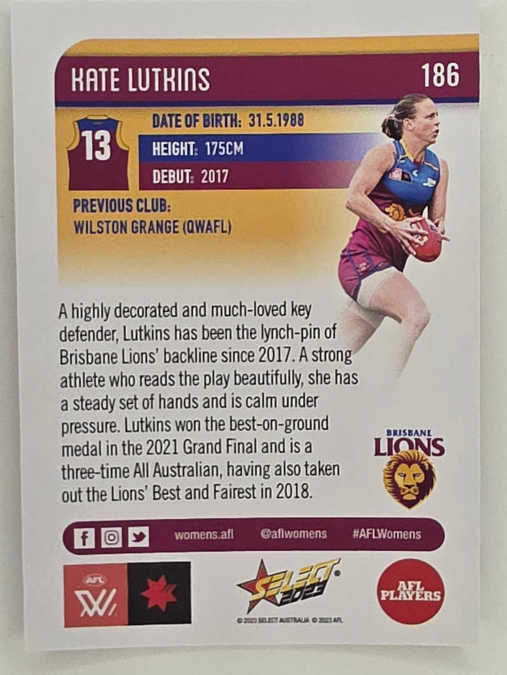 AFL 2023 Footy Stars Parallel Colour Spots #186 Kate Lutkins Brisbane Lions AFLW