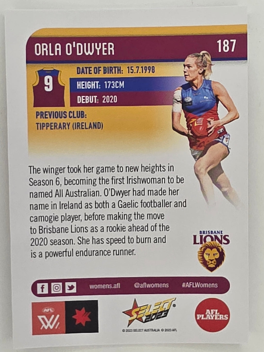 AFL 2023 Footy Stars Parallel Colour Spots #187 Orla O'Dwyer Brisbane Lions AFLW
