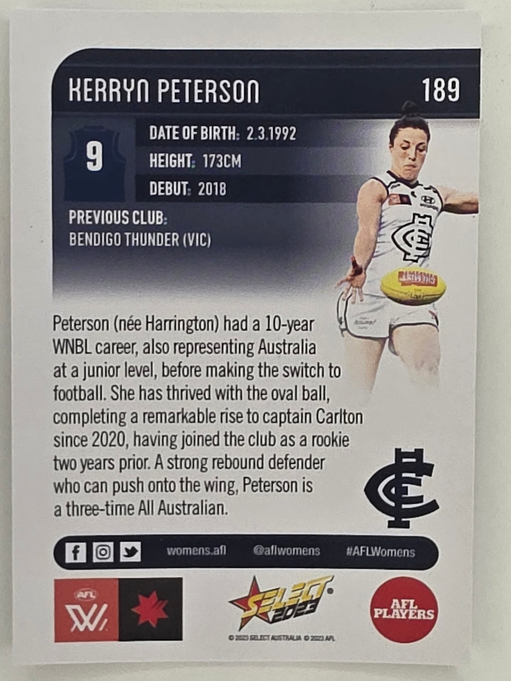 AFL 2023 Footy Stars Parallel Colour Spots #189 Kerryn Peterson Carlton Blues AFLW