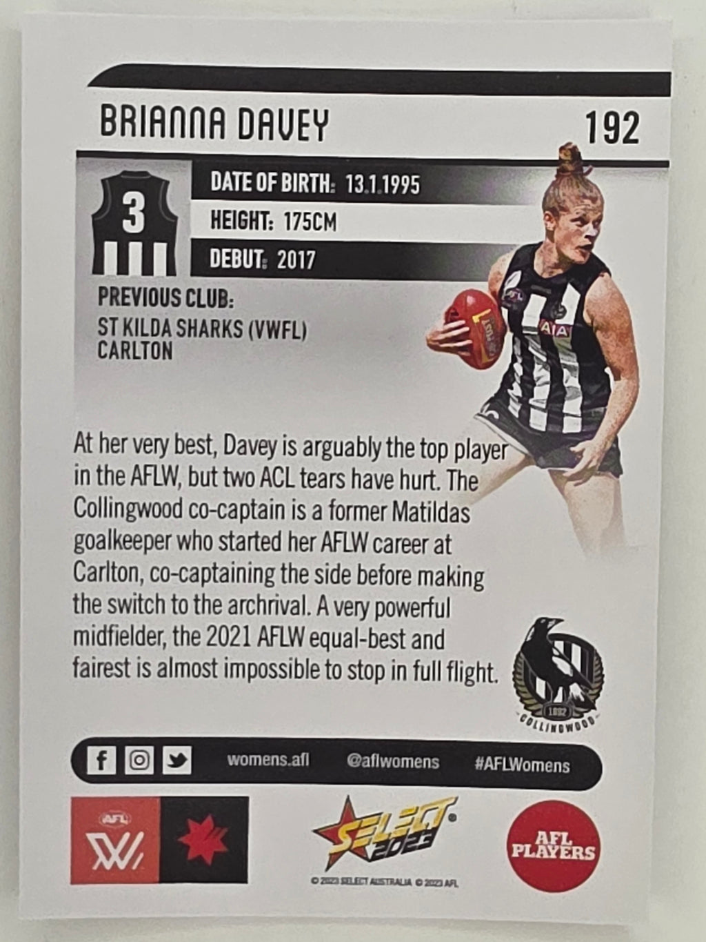 AFL 2023 Footy Stars Parallel Colour Spots #192 Brianna Davey Collingwood Magpies AFLW