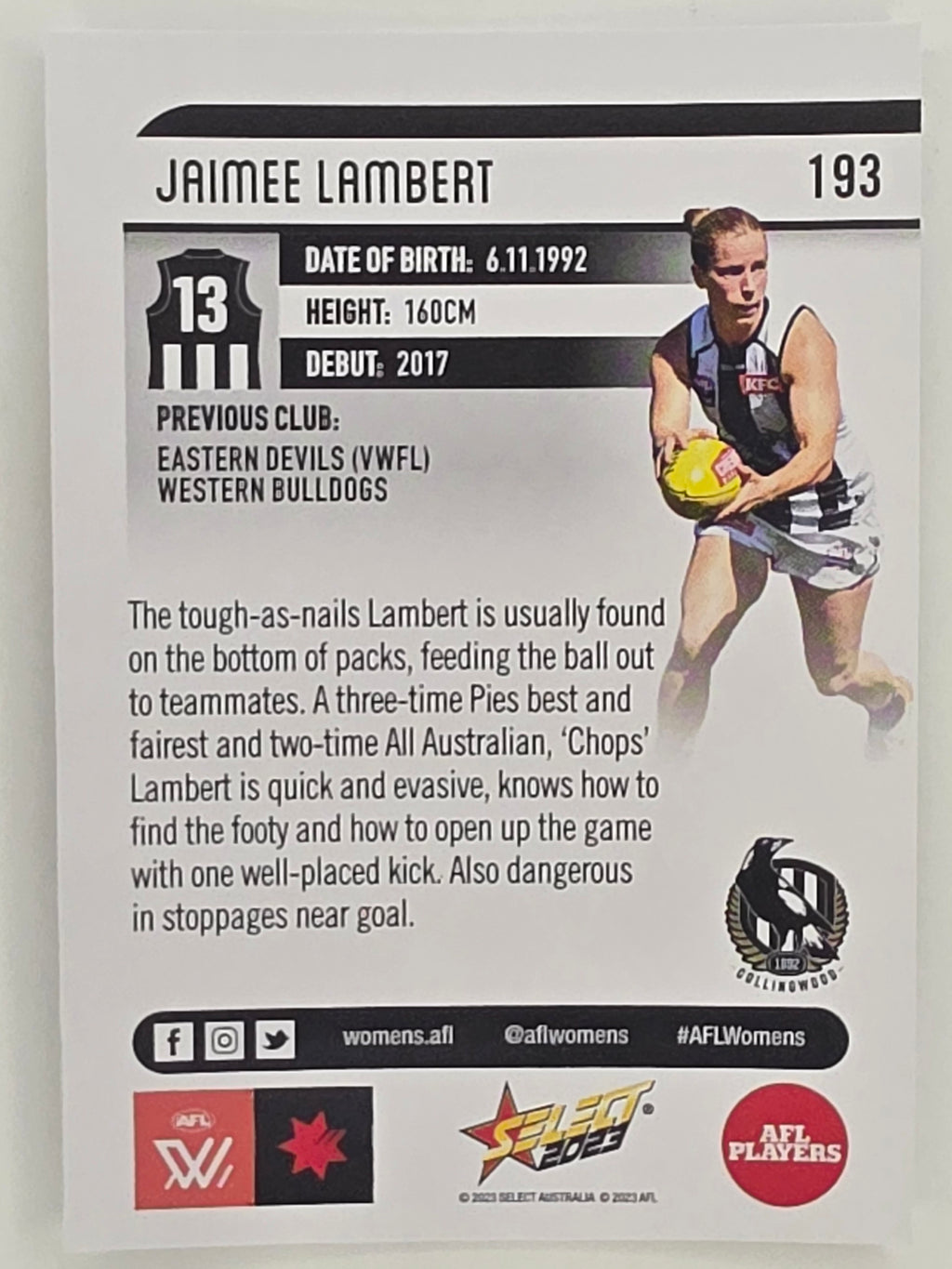 AFL 2023 Footy Stars Parallel Colour Spots #193 Jaimee Lambert Collingwood Magpies AFLW