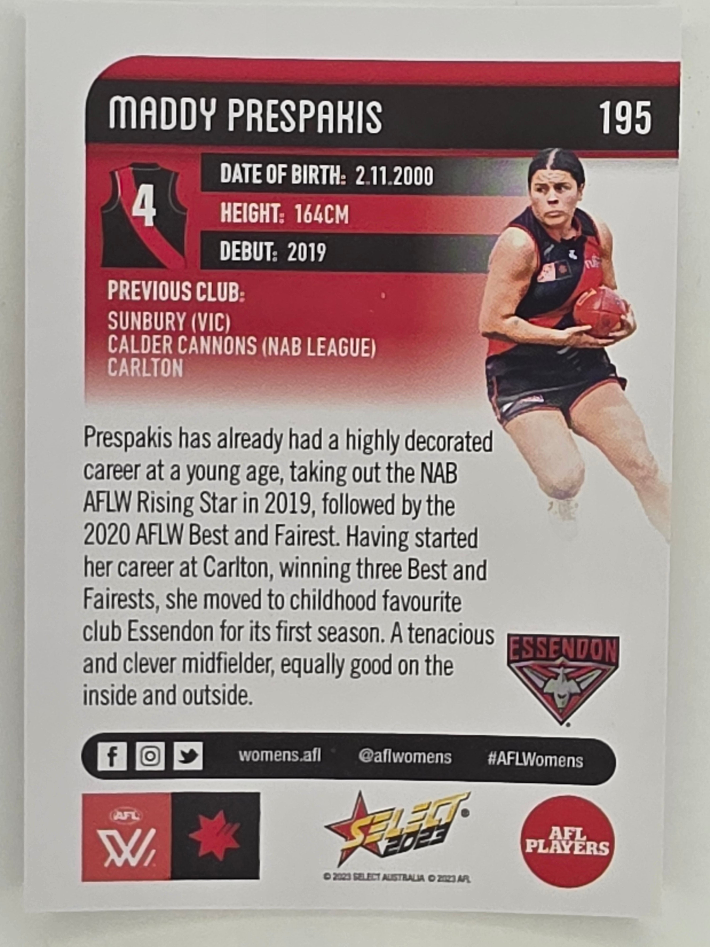 AFL 2023 Footy Stars Parallel Colour Spots #195 Madison Prespakis Essendon Bombers AFLW