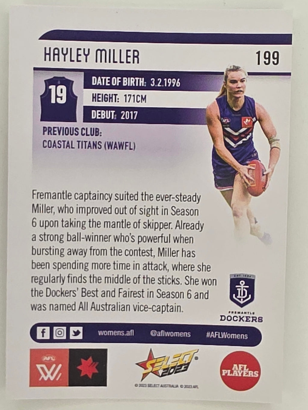 AFL 2023 Footy Stars Parallel Colour Spots #199 Hayley Miller Fremantle Dockers AFLW