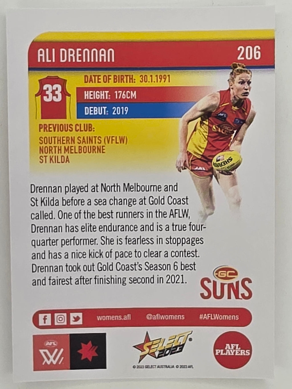 AFL 2023 Footy Stars Parallel Colour Spots #206 Alice Drennan Gold Coast Suns AFLW