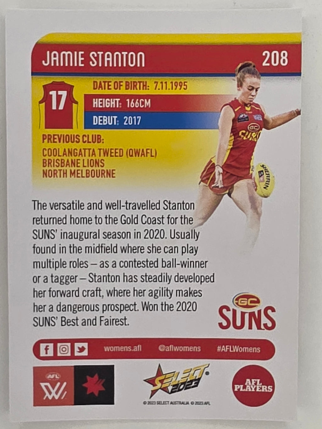AFL 2023 Footy Stars Parallel Colour Spots #208 Jamie Stanton Gold Coast Suns AFLW