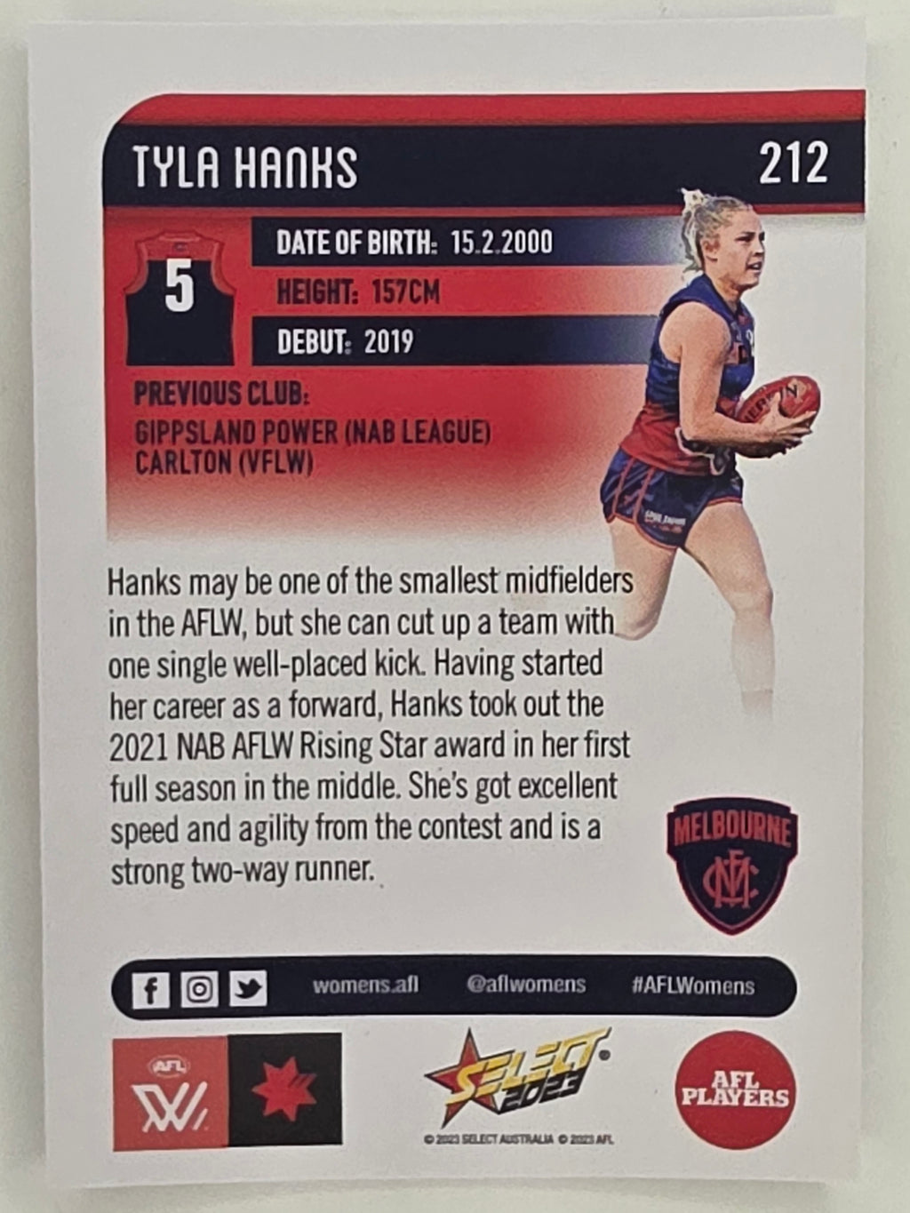 AFL 2023 Footy Stars Parallel Colour Spots #212 Tyla Hanks Melbourne AFLW
