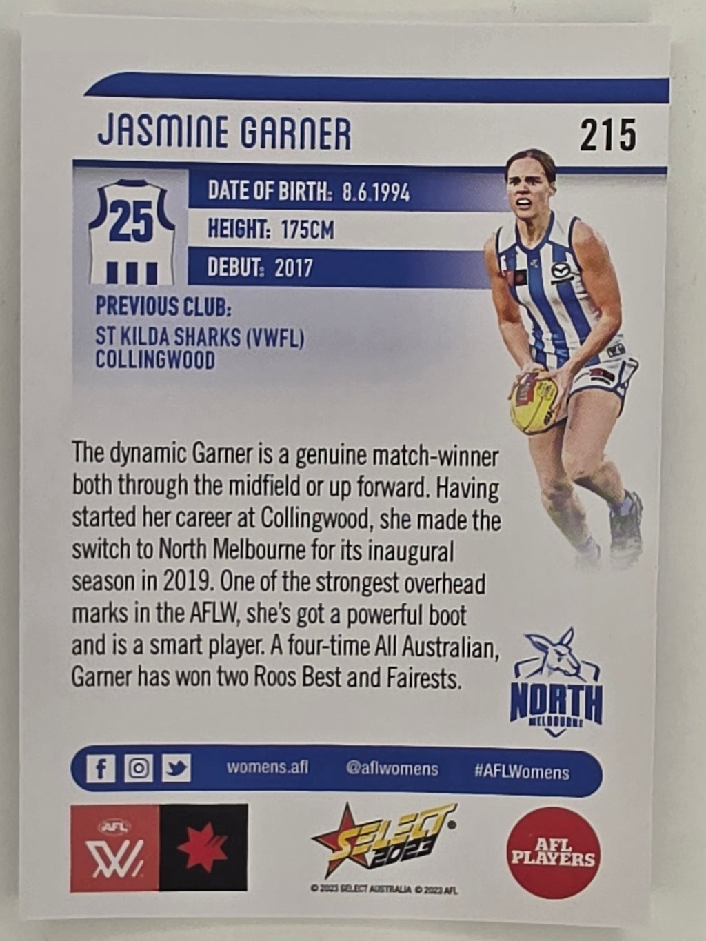 AFL 2023 Footy Stars Parallel Colour Spots #215 Jasmine Garner North Melbourne AFLW
