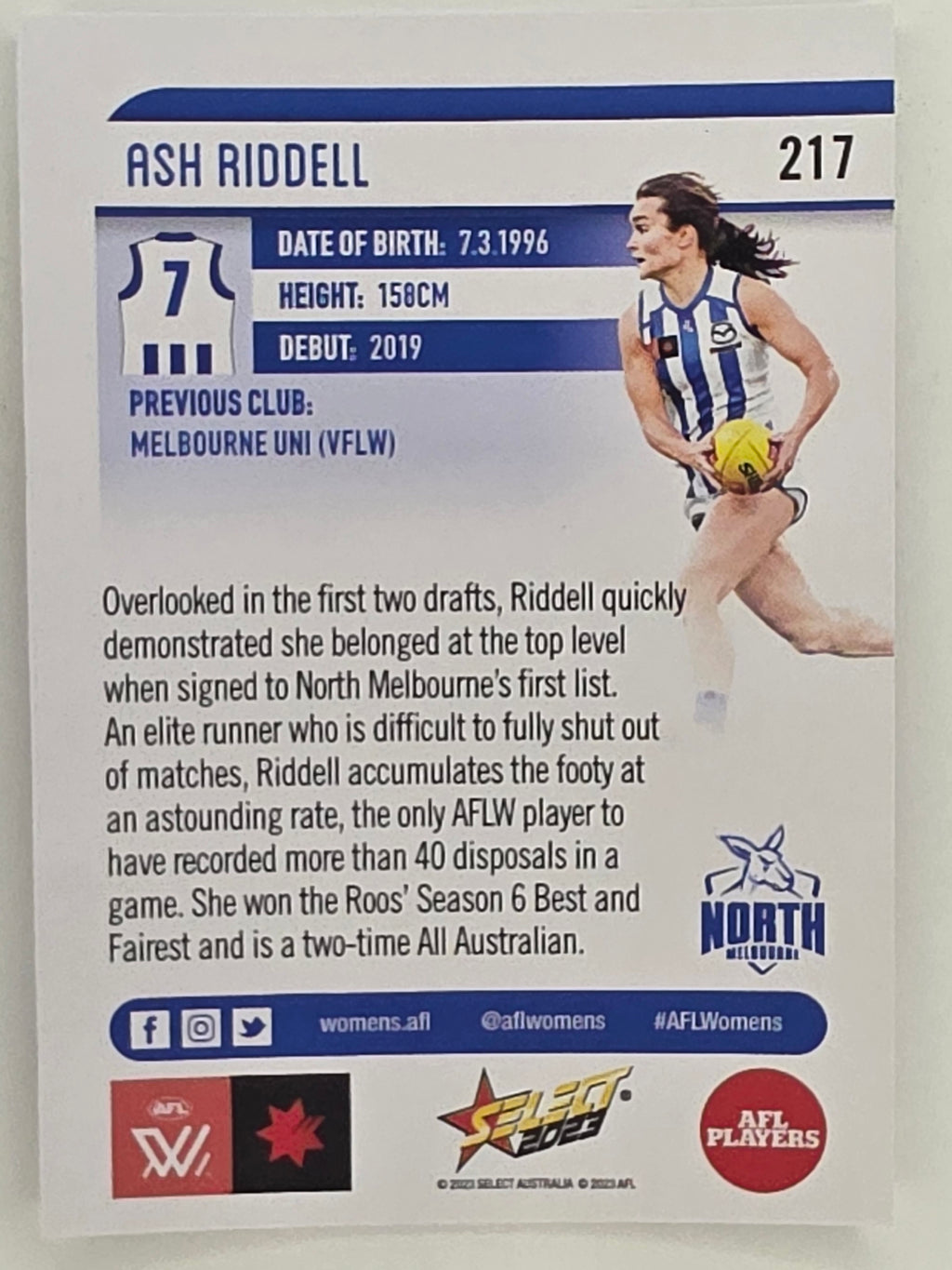 AFL 2023 Footy Stars Parallel Colour Spots #217 Ash Riddell North Melbourne AFLW