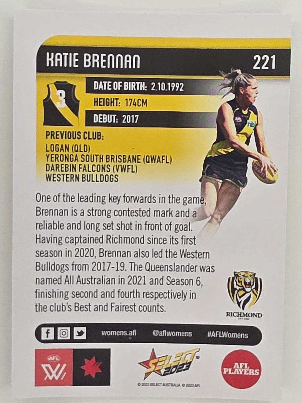 AFL 2023 Footy Stars Parallel Colour Spots #221 Katie Brennan Richmond AFLW
