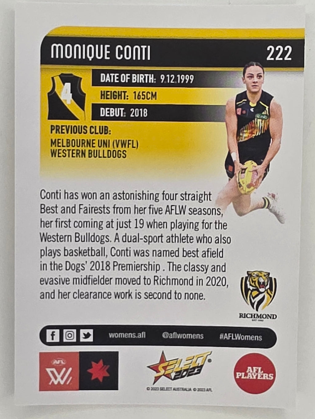 AFL 2023 Footy Stars Parallel Colour Spots #222 Monique Conti Richmond AFLW
