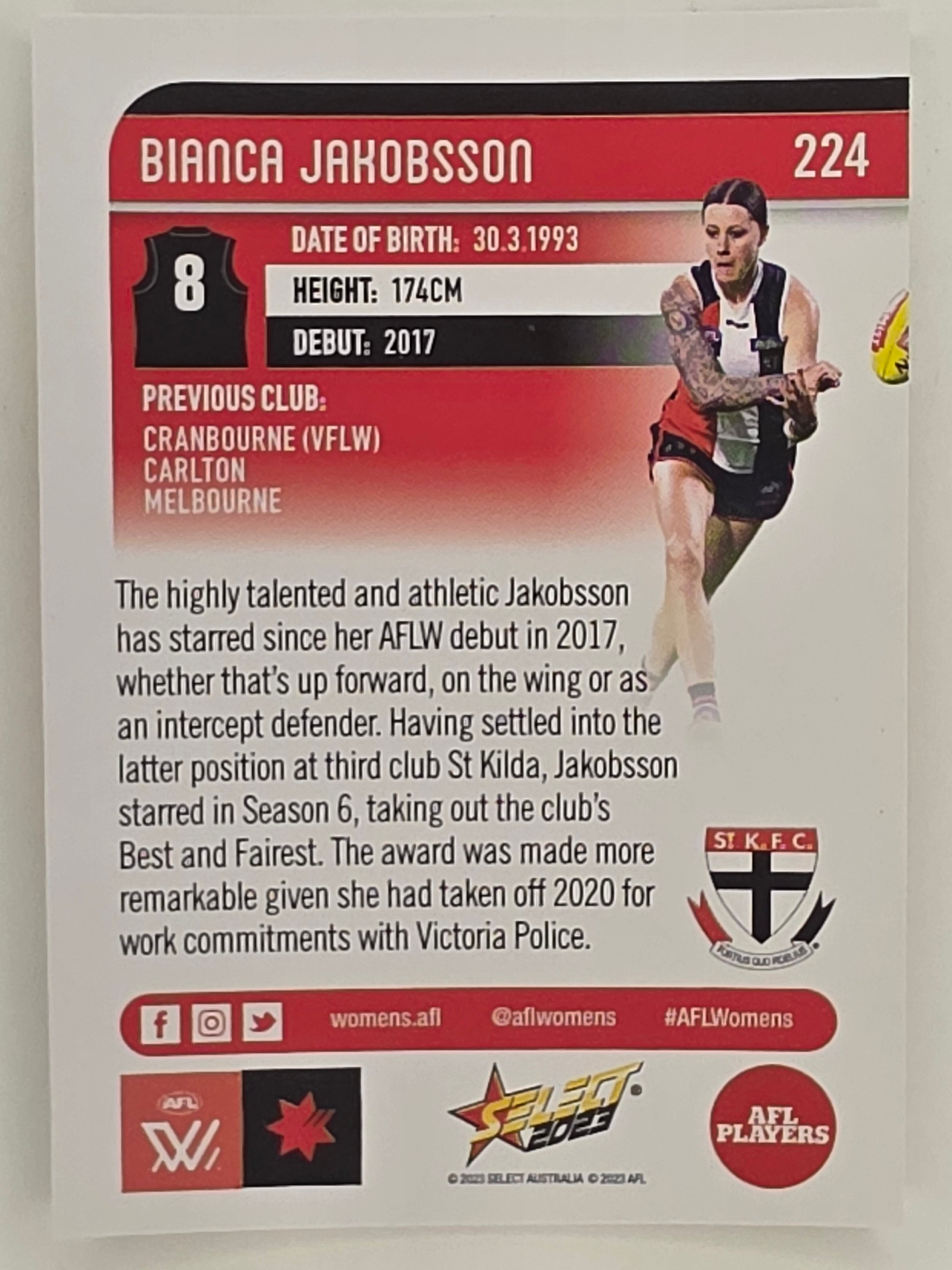 AFL 2023 Footy Stars Parallel Colour Spots #224 Bianca Jakobsson St Kilda AFLW
