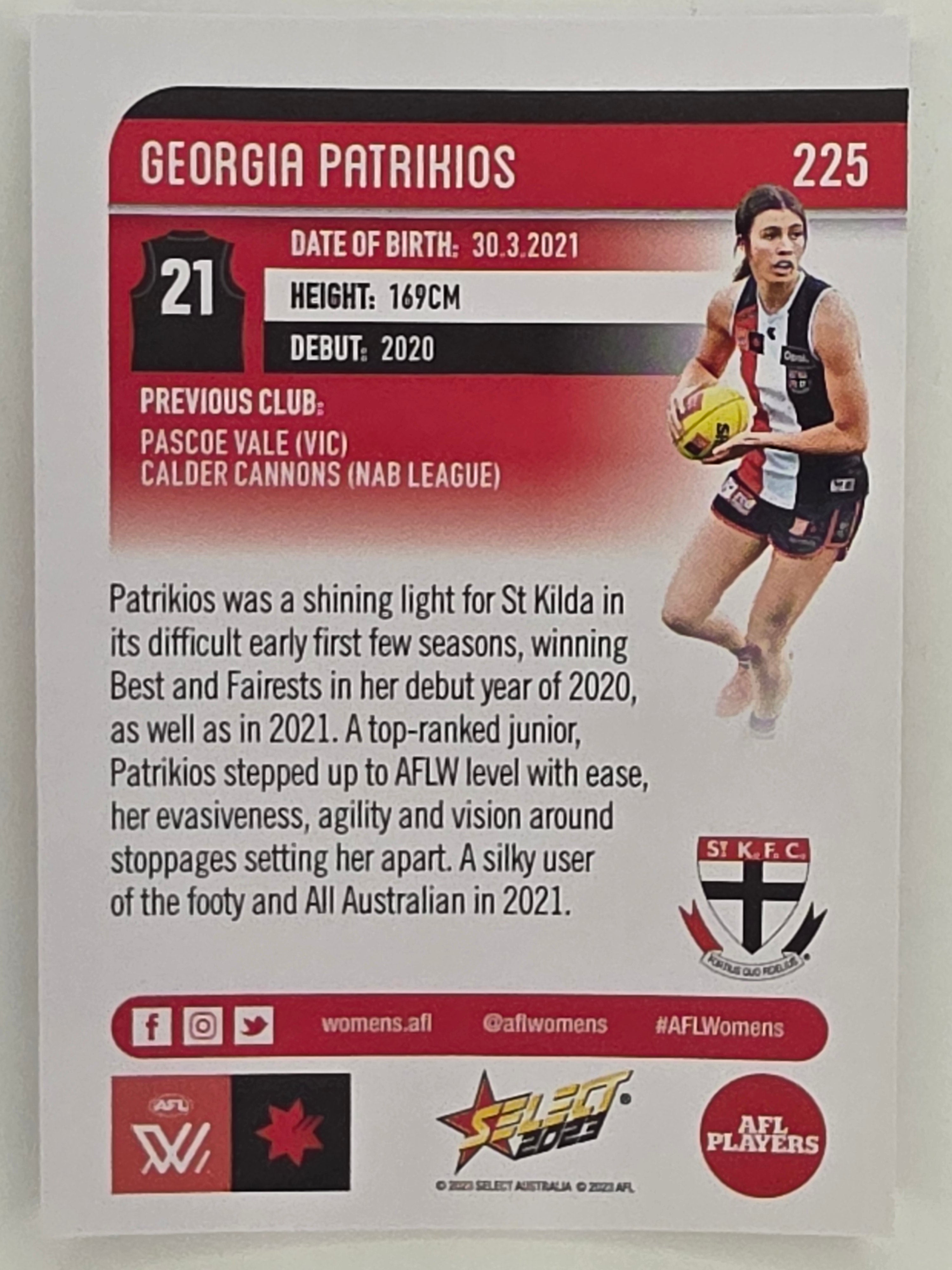 AFL 2023 Footy Stars Parallel Colour Spots #225 Georgia Patrikios St Kilda AFLW