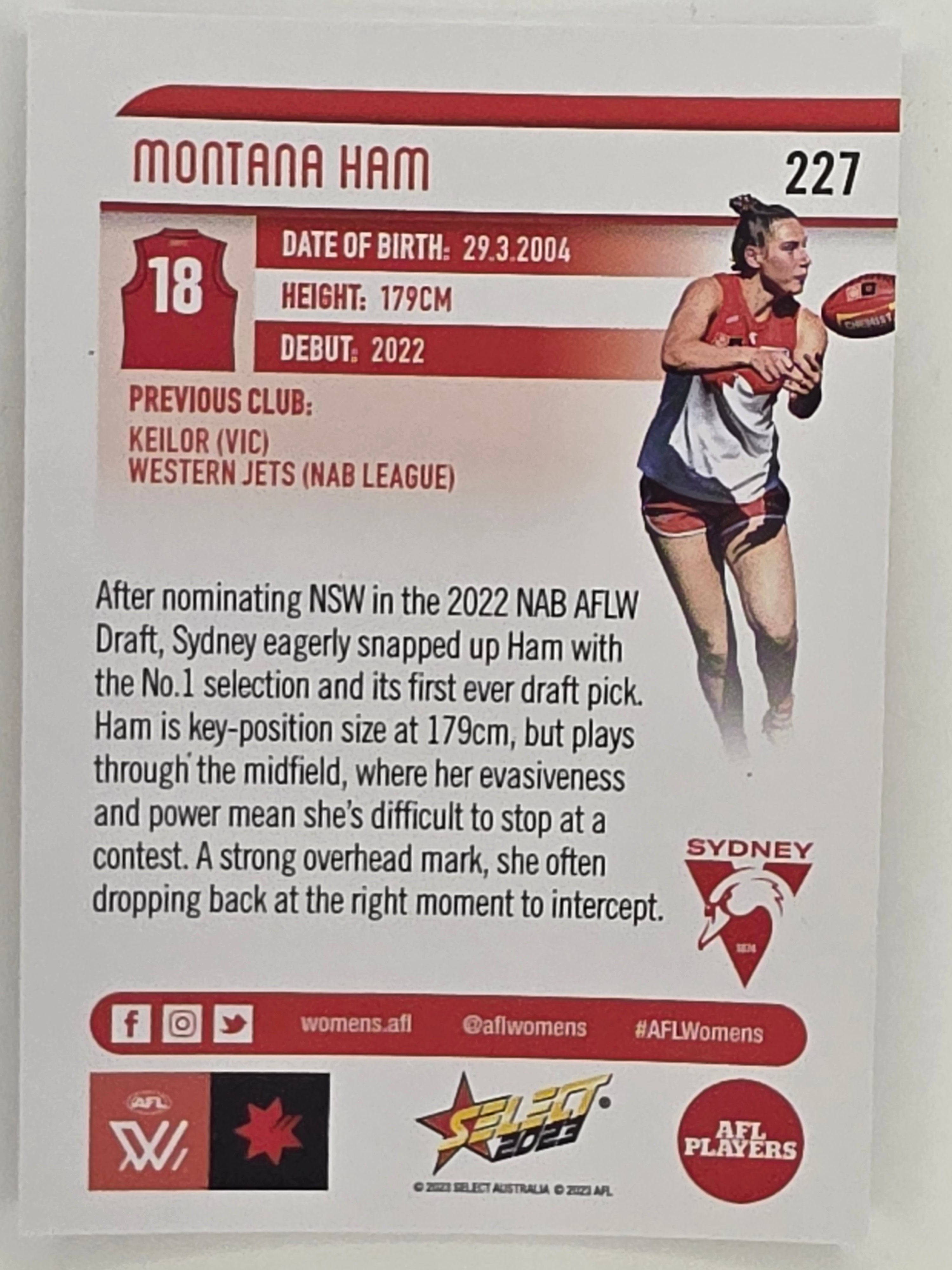 AFL 2023 Footy Stars Parallel Colour Spots #227 Montana Ham Sydney Swans AFLW