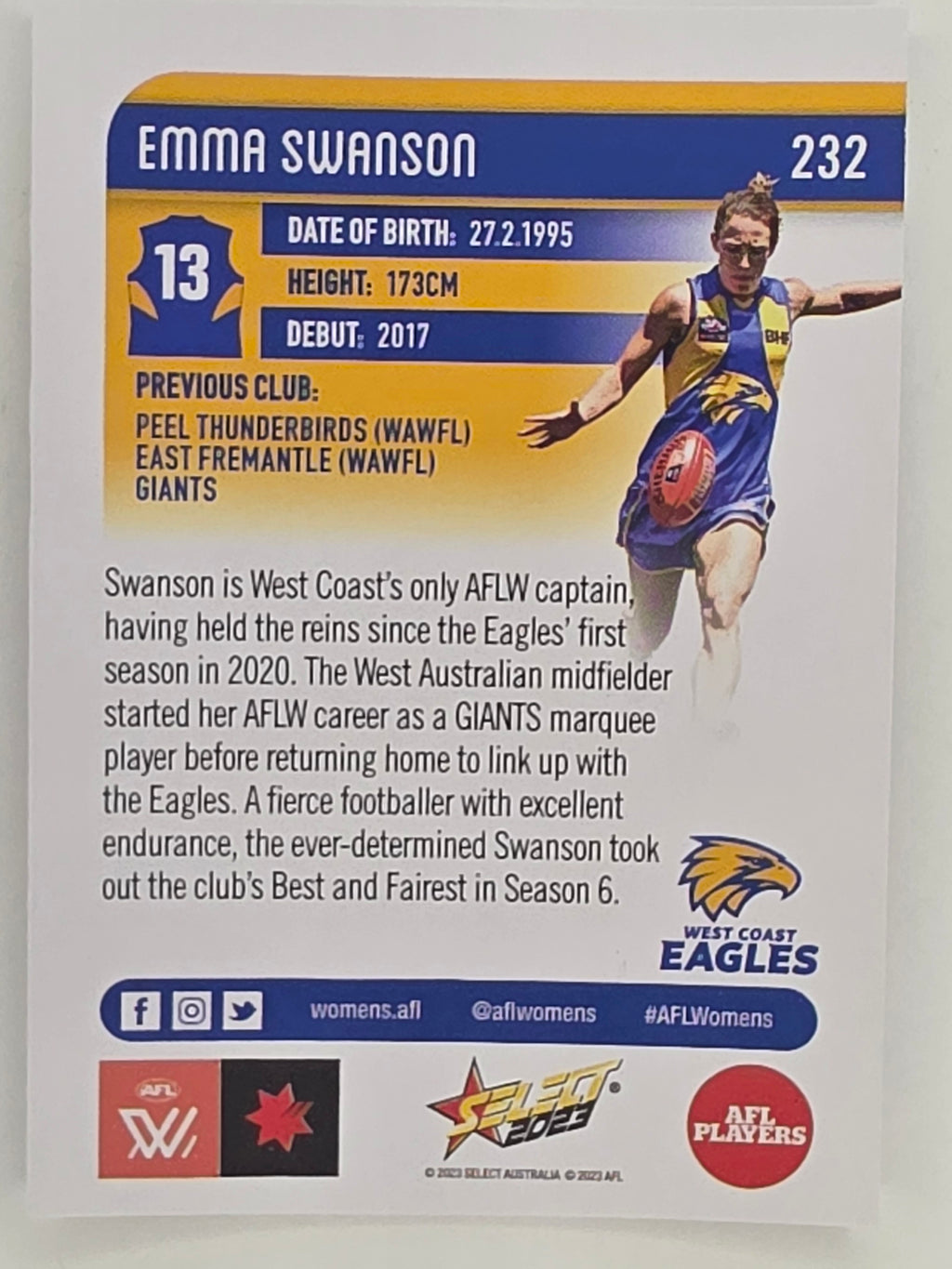 AFL 2023 Footy Stars Parallel Colour Spots #232 Emma Swanson West Coast Eagles AFLW