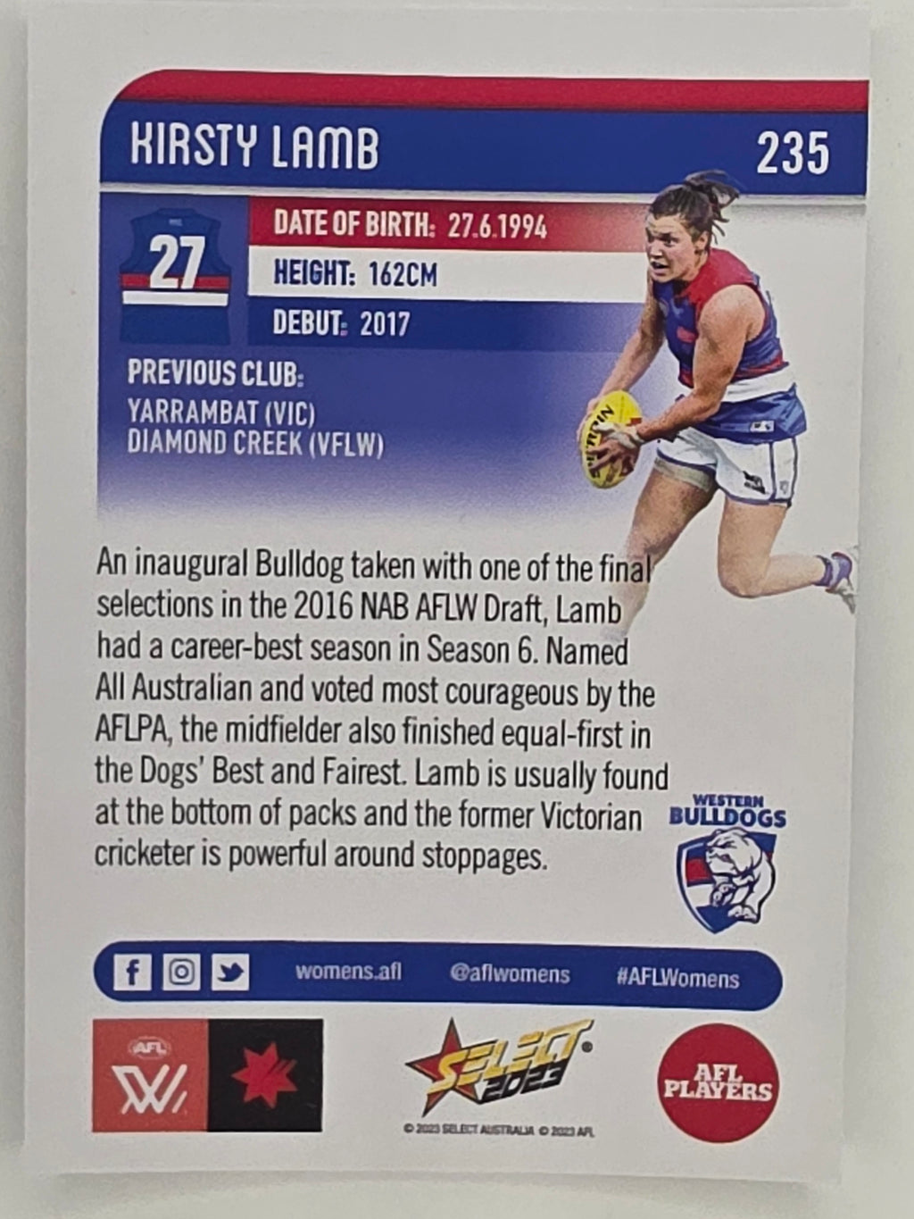 AFL 2023 Footy Stars Parallel Colour Spots #235 Kirsty Lamb Western Bulldogs AFLW