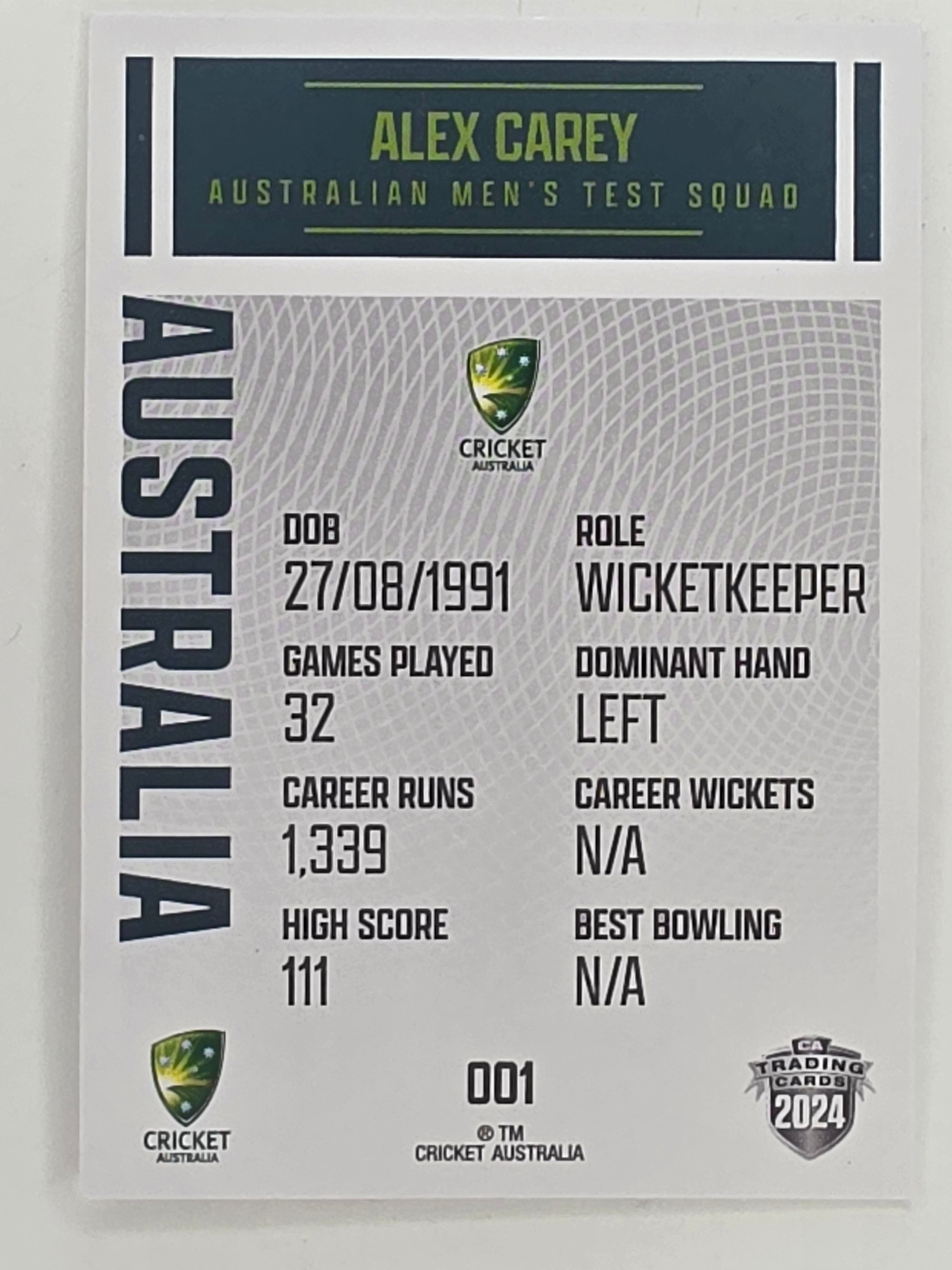 2024–25 Cricket Traders Base Card #001 Alex Carey Australian Men's Test