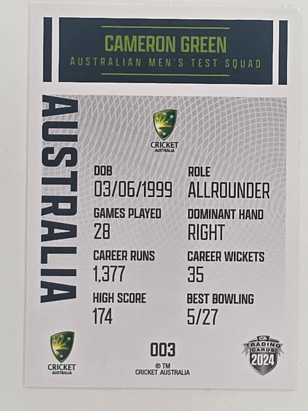2024–25 Cricket Traders Base Card #003 Cameron Green Australian Men's Test