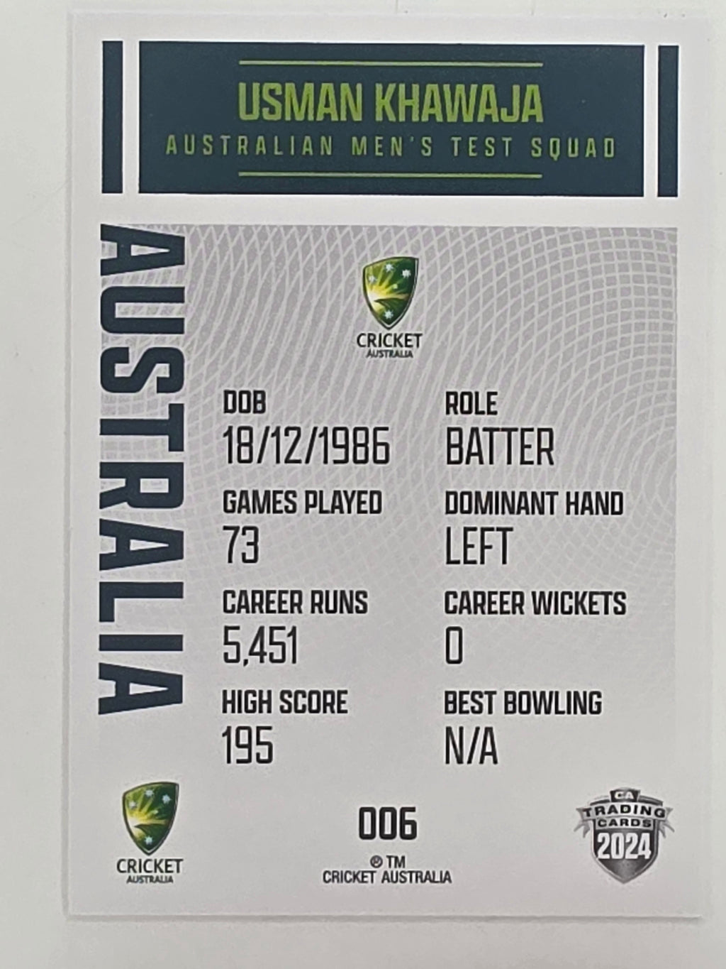 2024–25 Cricket Traders Base Card #006 Usman Khawaja Australian Men's Test