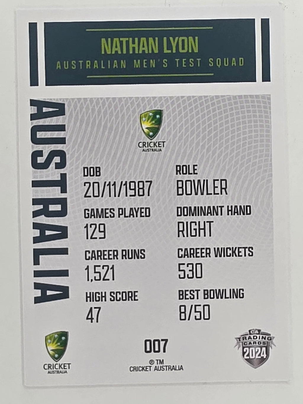 2024–25 Cricket Traders Base Card #007 Nathan Lyon Australian Men's Test