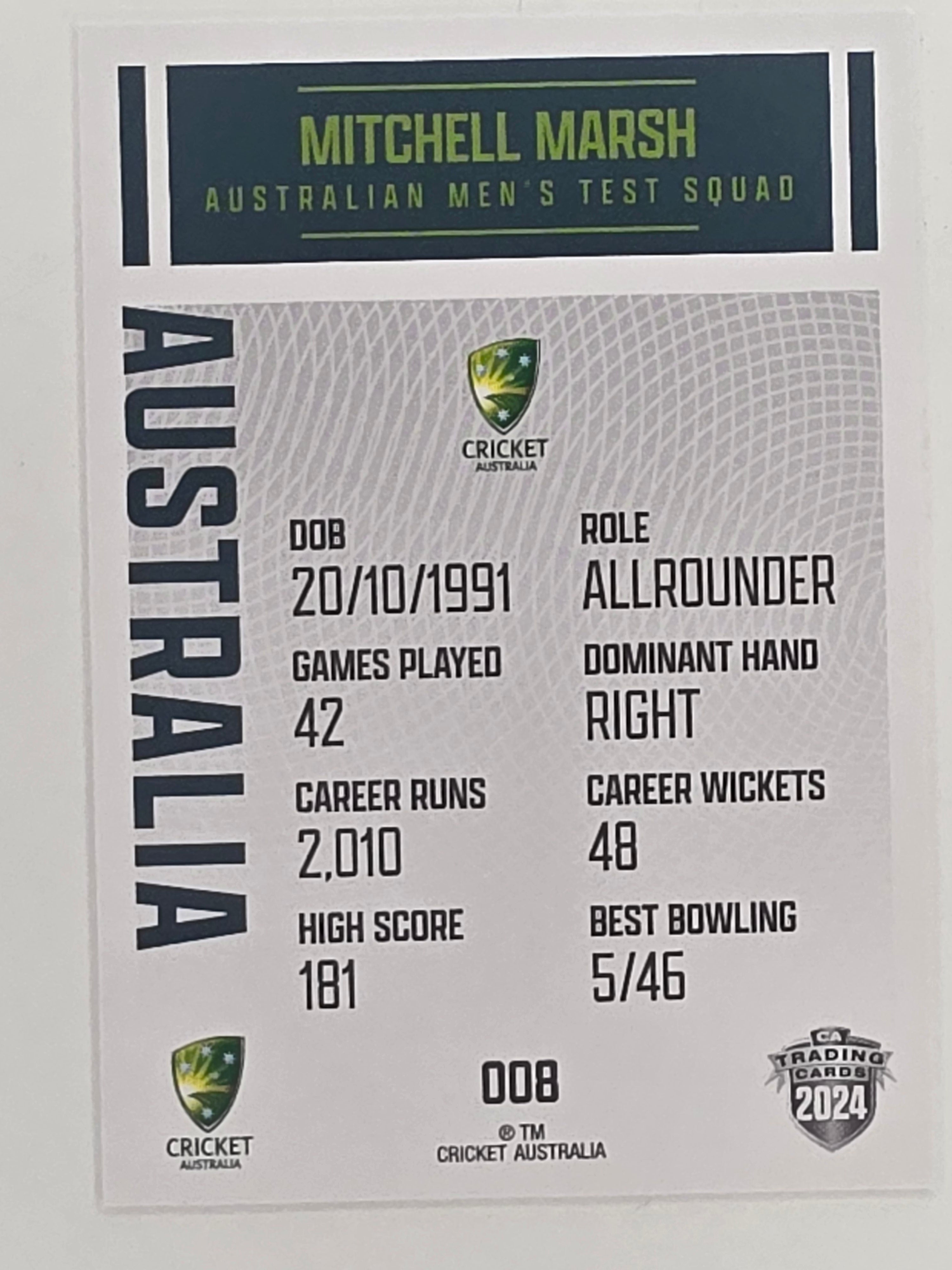 2024–25 Cricket Traders Base Card #008 Mitchell Marsh Australian Men's Test