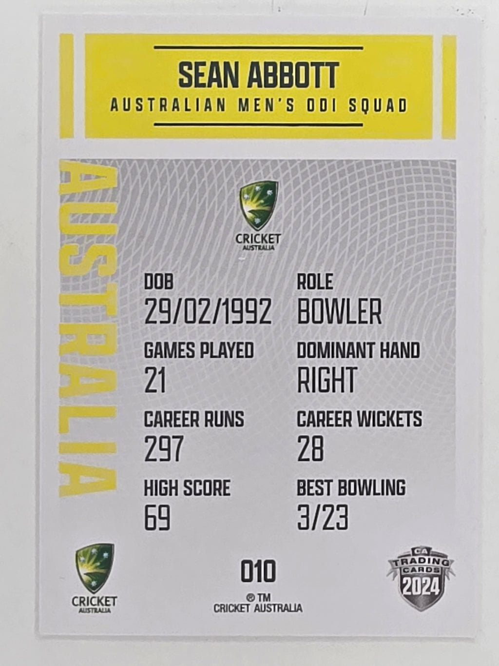2024–25 Cricket Traders Base Card #010 Sean Abbott Australian Men's ODI