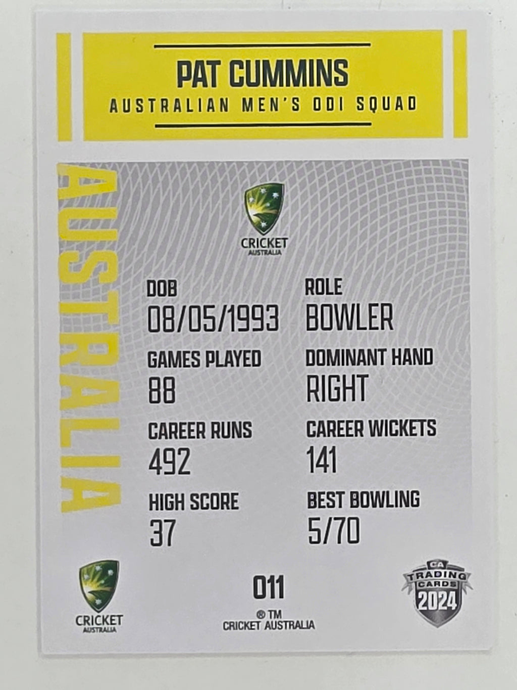 2024–25 Cricket Traders Base Card #011 Pat Cummins Australian Men's ODI