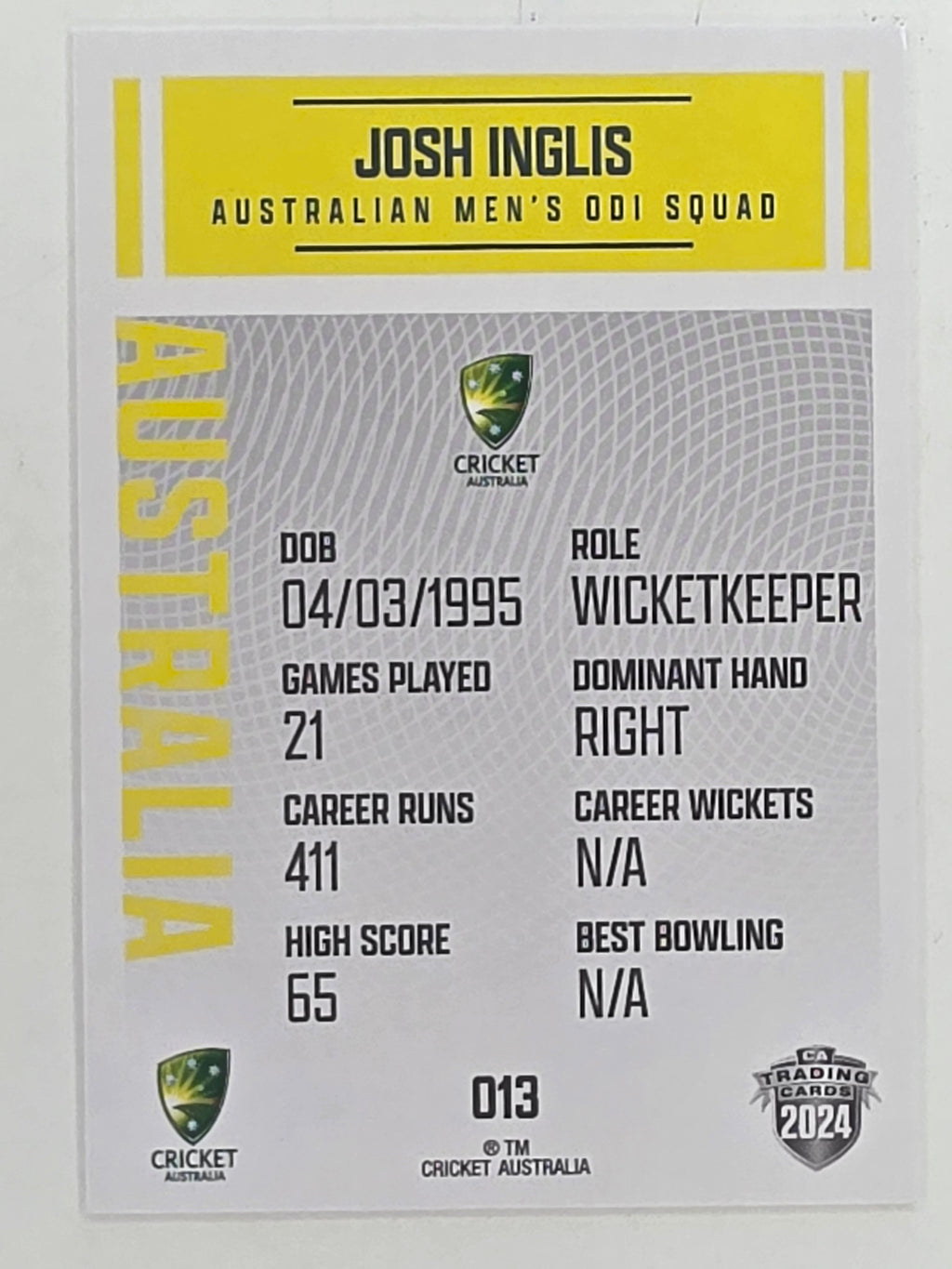 2024–25 Cricket Traders Base Card #013 Josh Inglis Australian Men's ODI