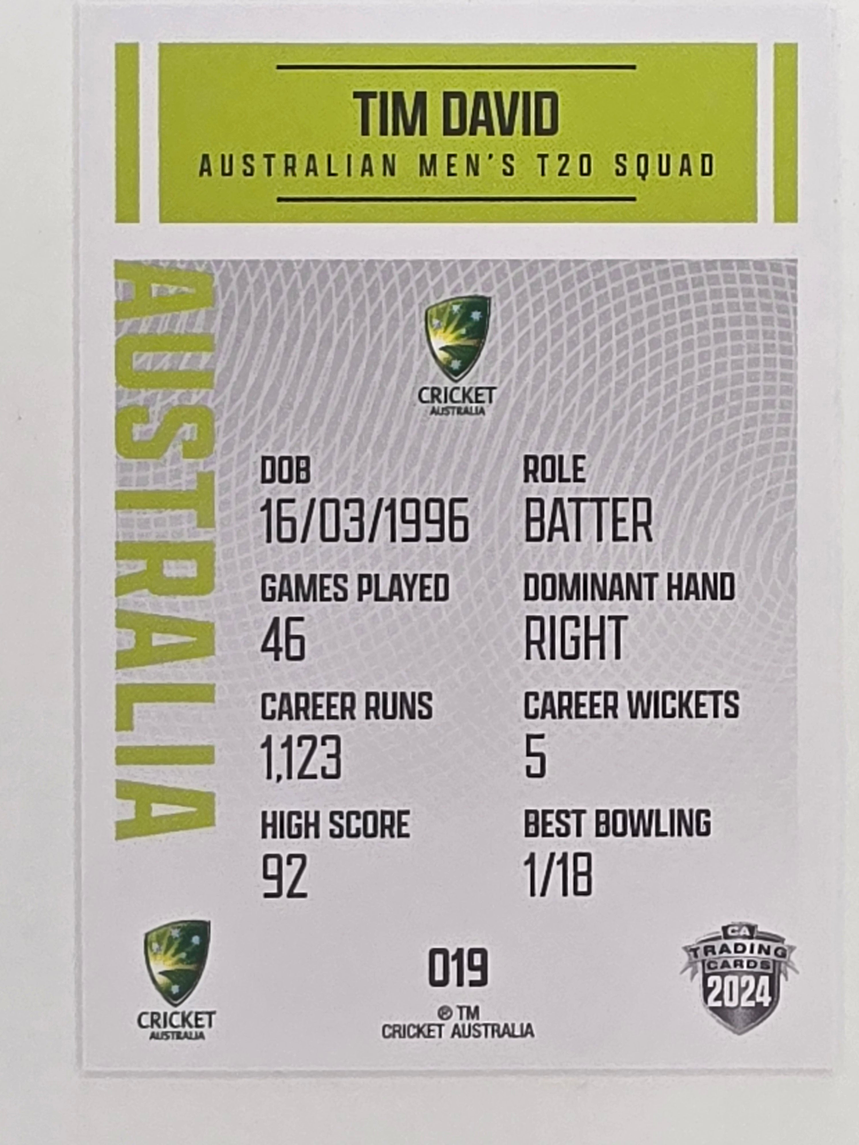 2024–25 Cricket Traders Base Card #019 Tim David Australian Men's T20