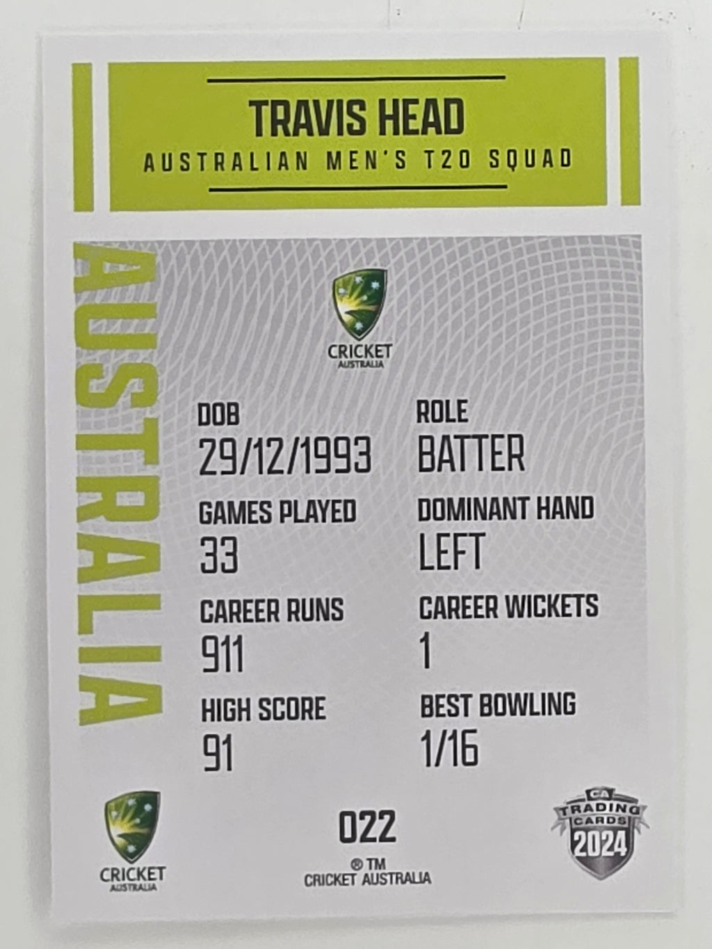 2024–25 Cricket Traders Base Card #022 Travis Head Australian Men's T20