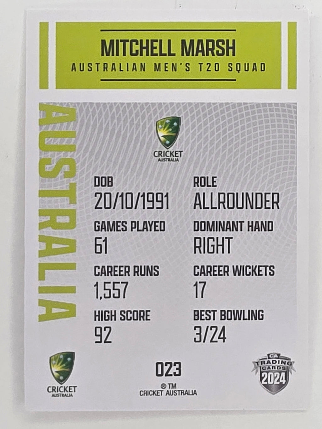 2024–25 Cricket Traders Base Card #023 Mitchell Marsh Australian Men's T20