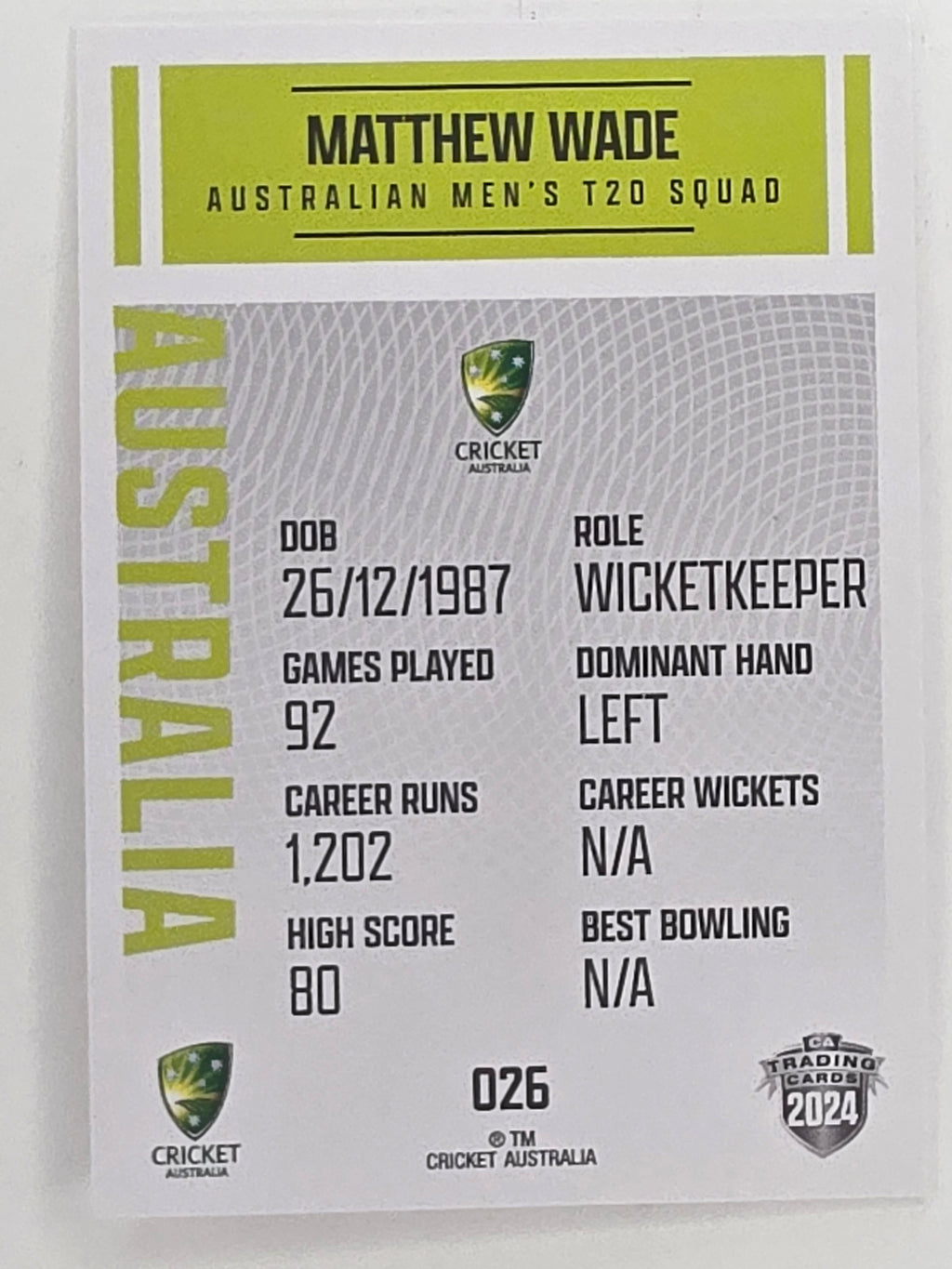 2024–25 Cricket Traders Base Card #026 Matthew Wade Australian Men's T20