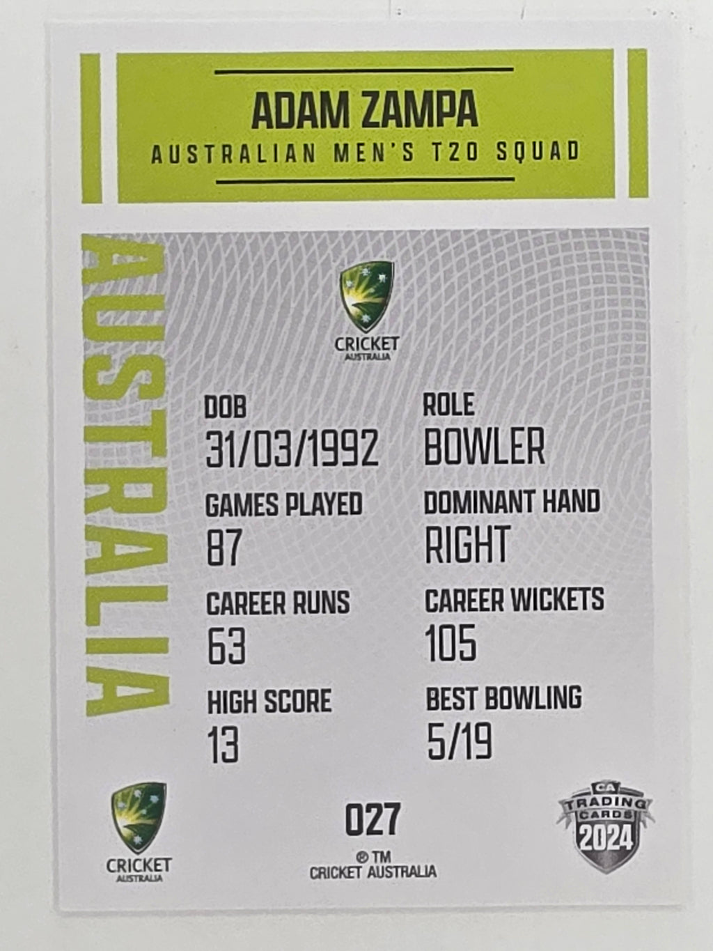 2024–25 Cricket Traders Base Card #027 Adam Zampa Australian Men's T20