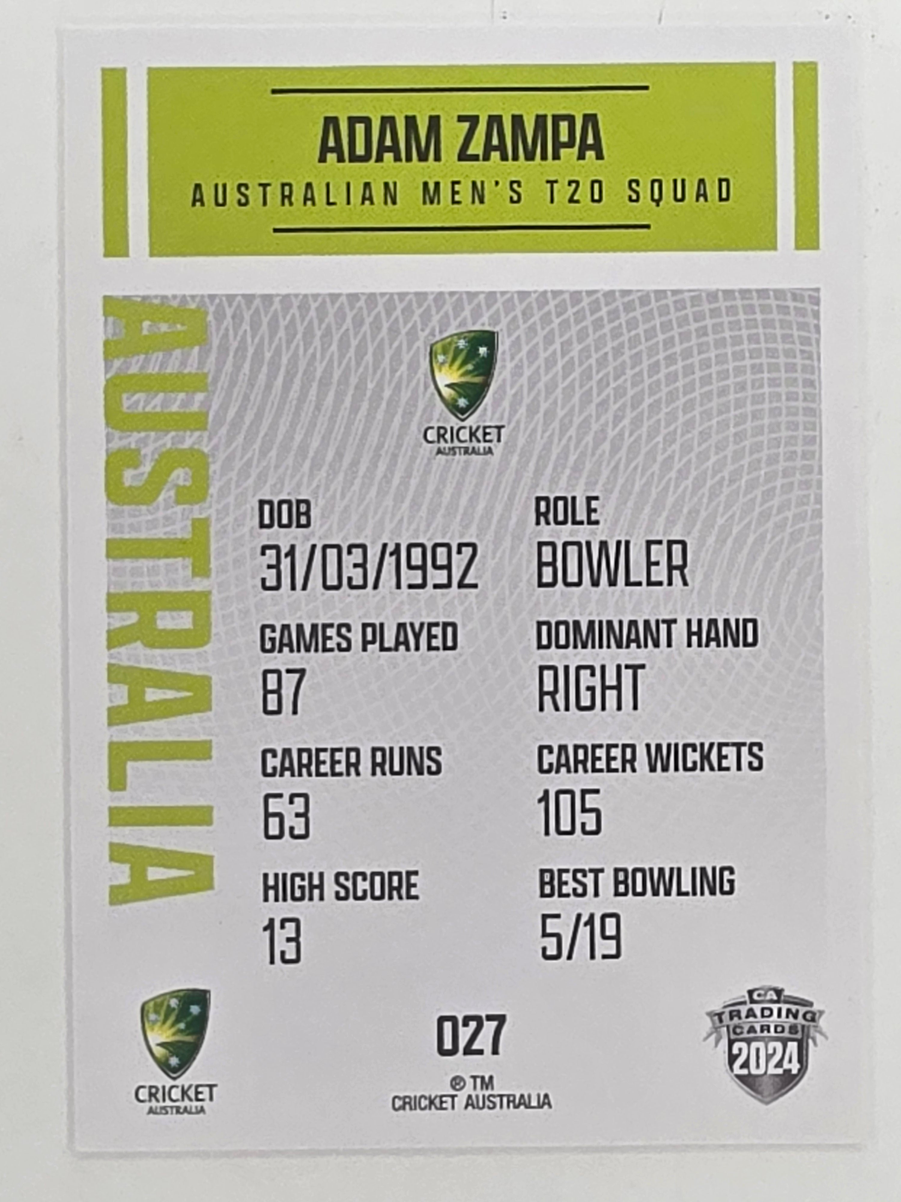 2024–25 Cricket Traders Base Card #027 Adam Zampa Australian Men's T20