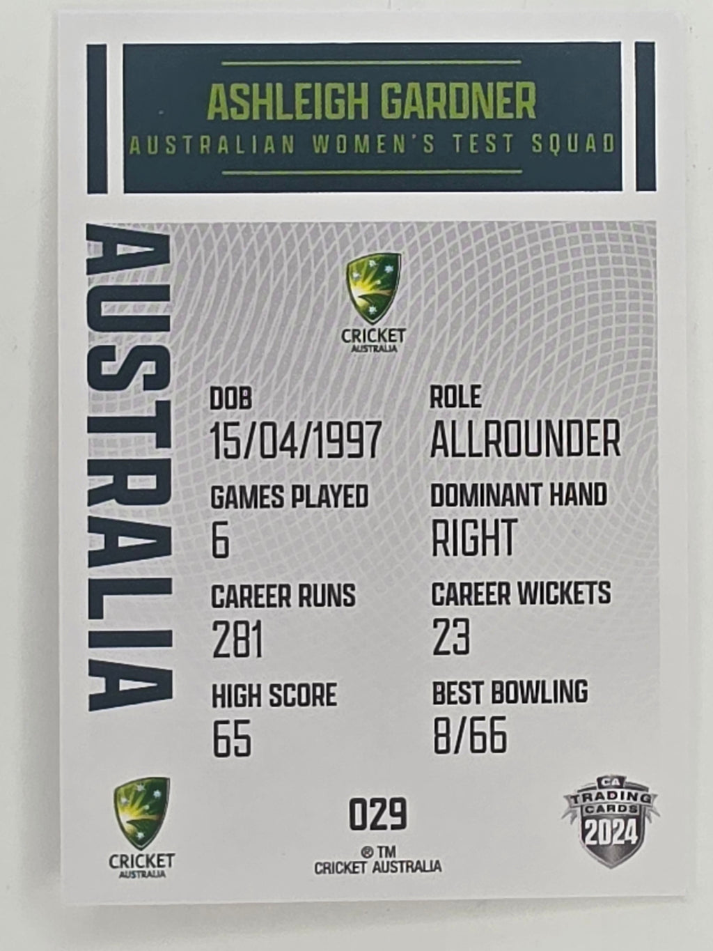 2024–25 Cricket Traders Base Card #029 Ashleigh Gardner Australian Women's Test WBBL