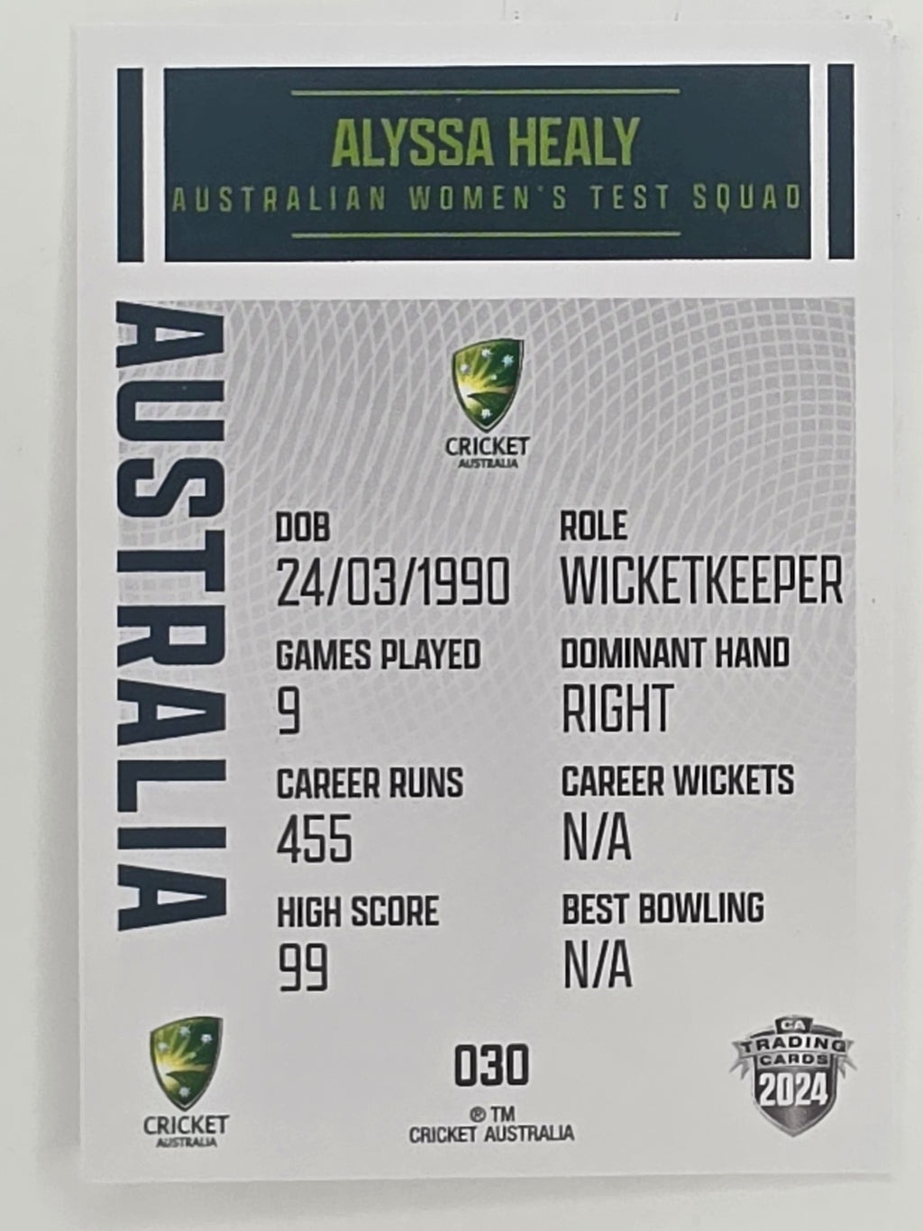 2024–25 Cricket Traders Base Card #030 Alyssa Healy Australian Women's Test WBBL