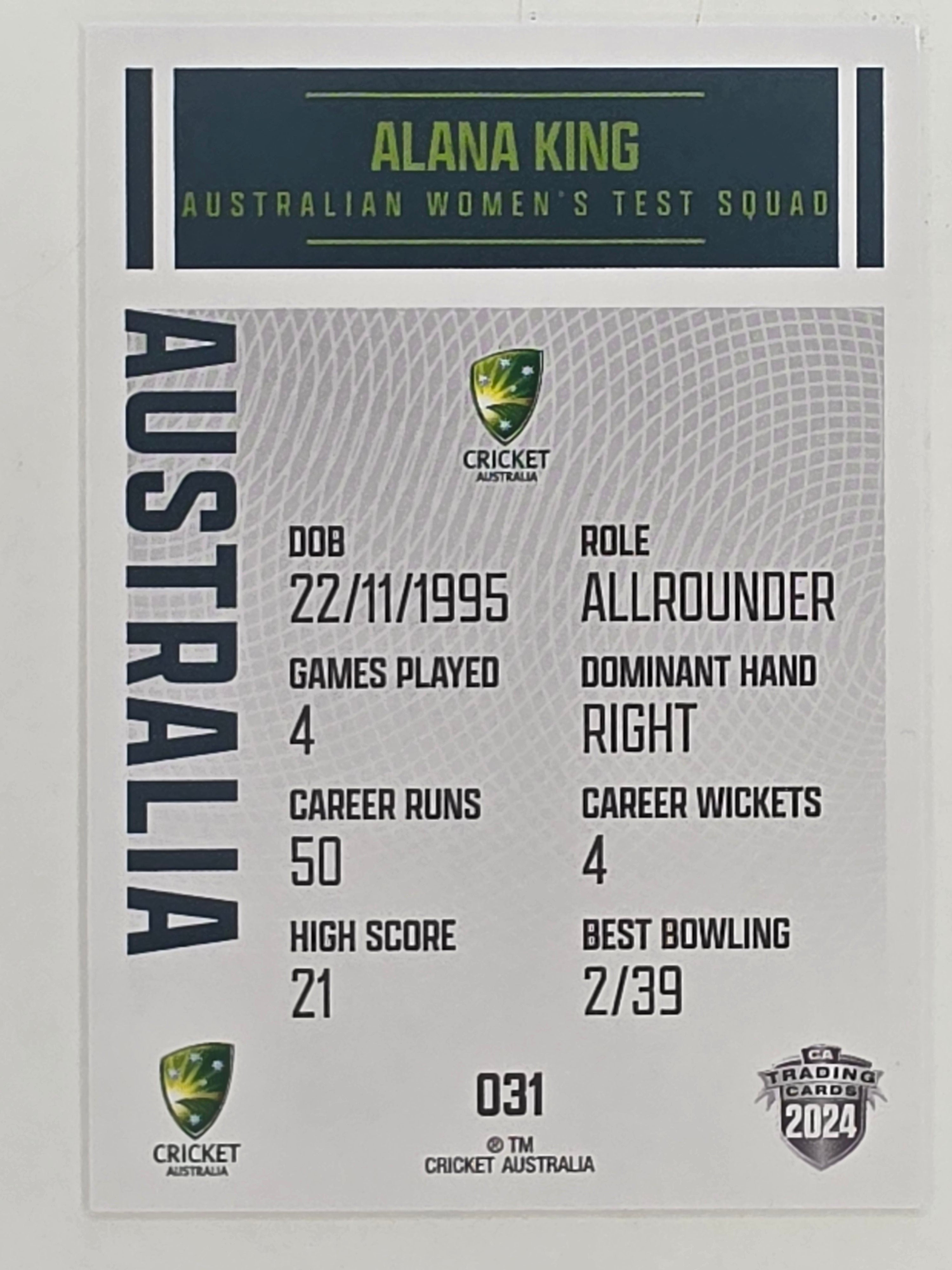2024–25 Cricket Traders Base Card #031 Alana King Australian Women's Test WBBL