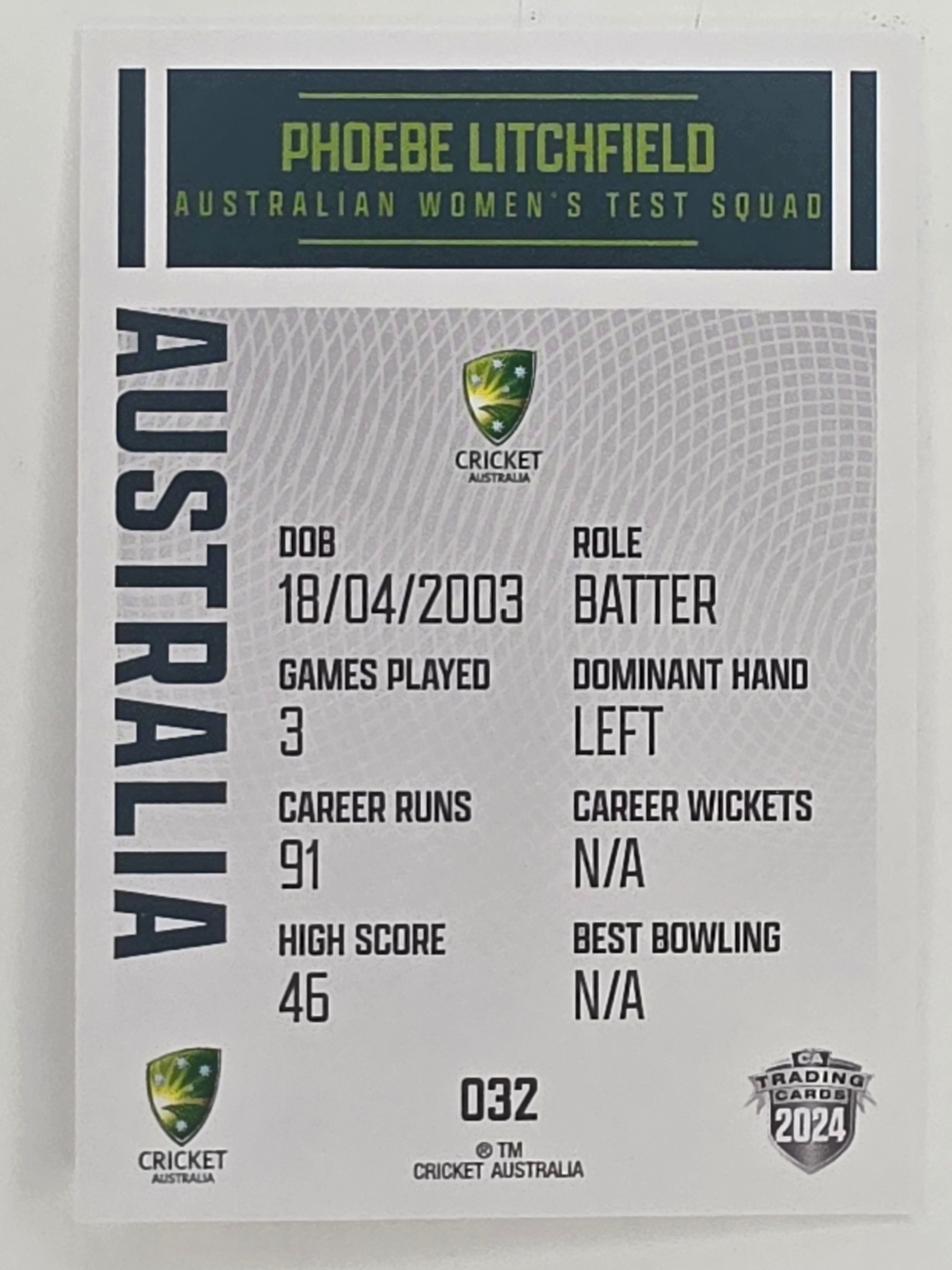 2024–25 Cricket Traders Base Card #032 Phoebe Litchfield Australian Women's Test WBBL