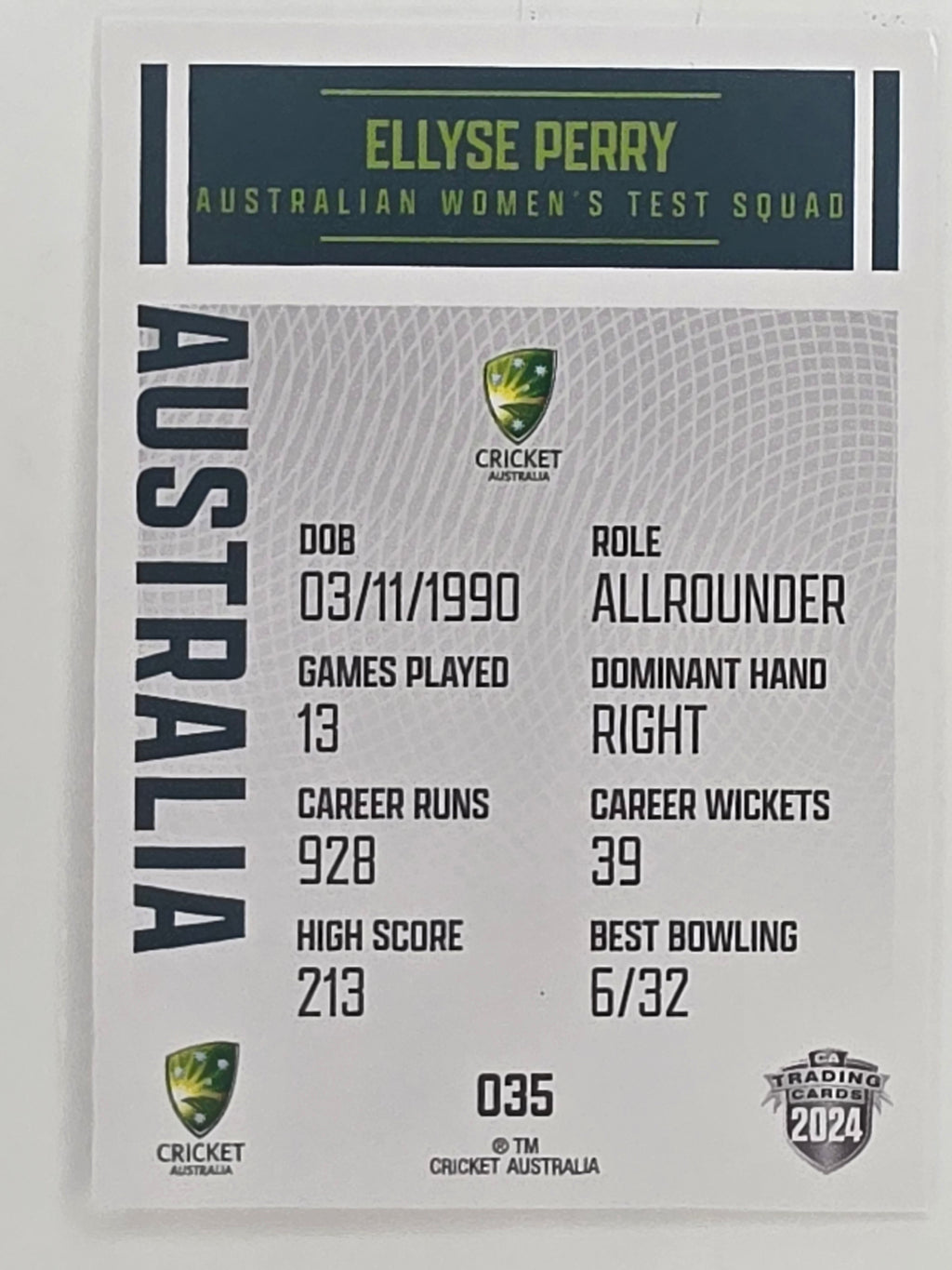 2024–25 Cricket Traders Base Card #035 Ellyse Perry Australian Women's Test WBBL