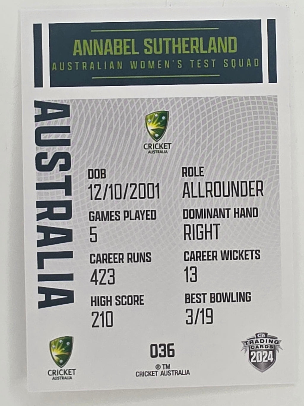 2024–25 Cricket Traders Base Card #036 Annabel Sutherland Australian Women's Test WBBL