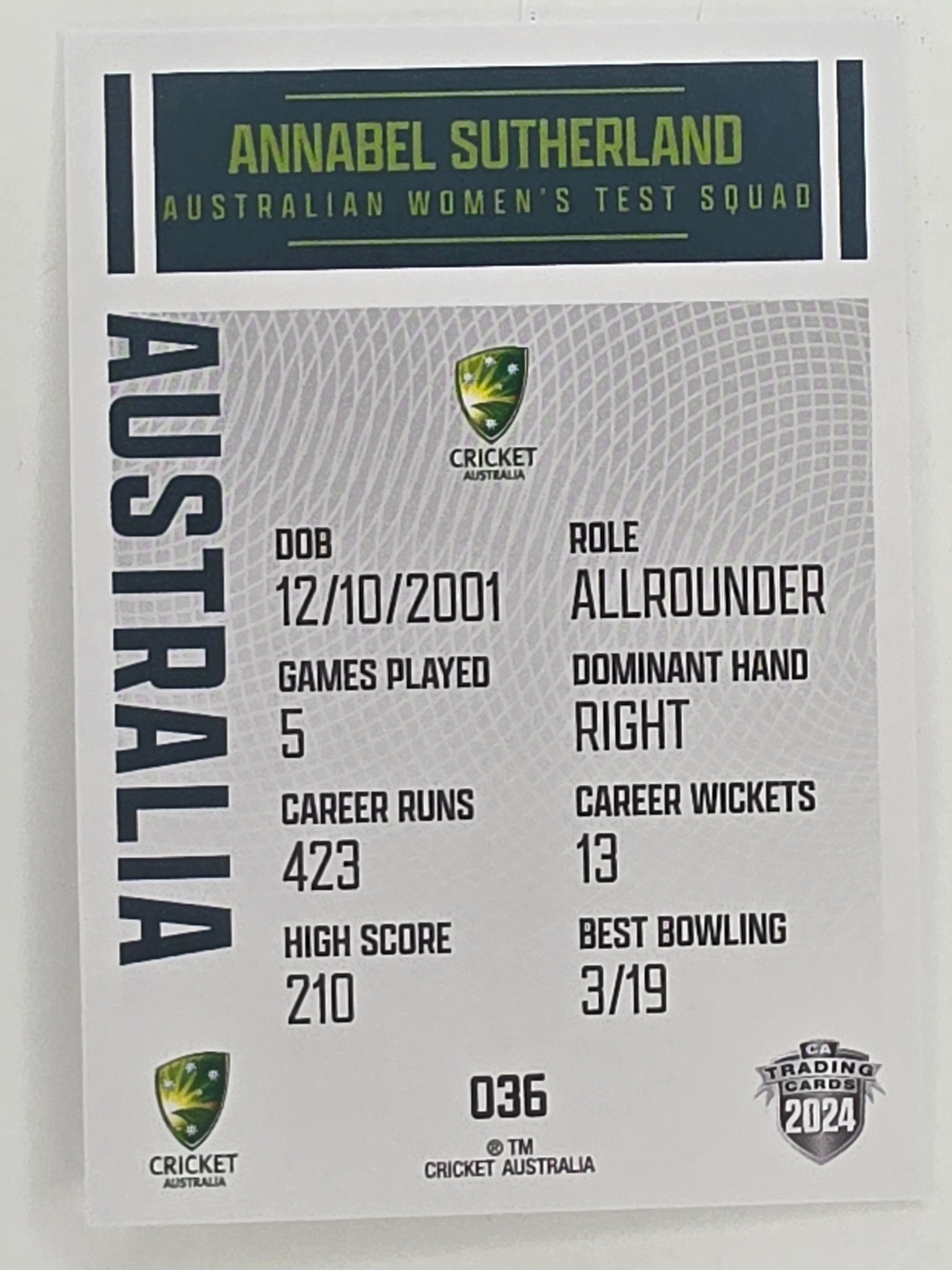 2024–25 Cricket Traders Base Card #036 Annabel Sutherland Australian Women's Test WBBL